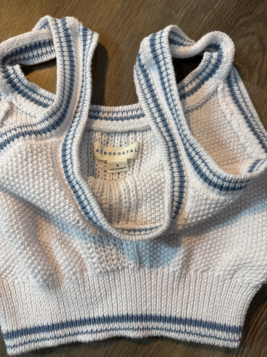 Aeropostale White Knit Crop Top with Blue Stripes - Size S - photo 2