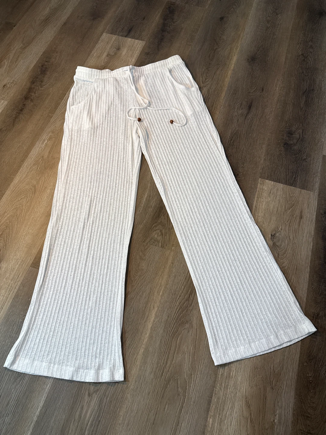 White Ribbed Wide beach Leg Pants
