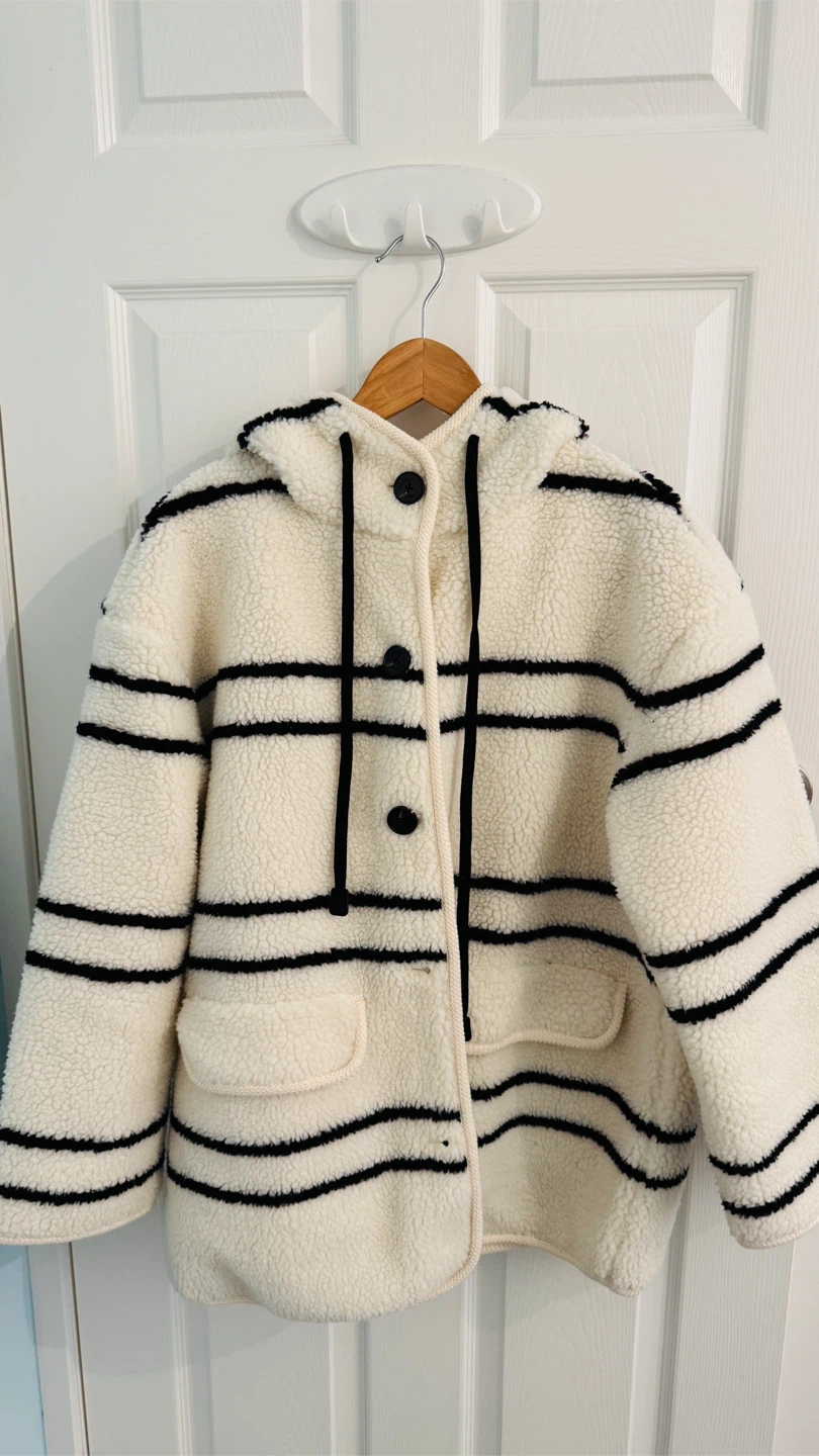 Cream and Black Striped Fleece Jacket with Hood