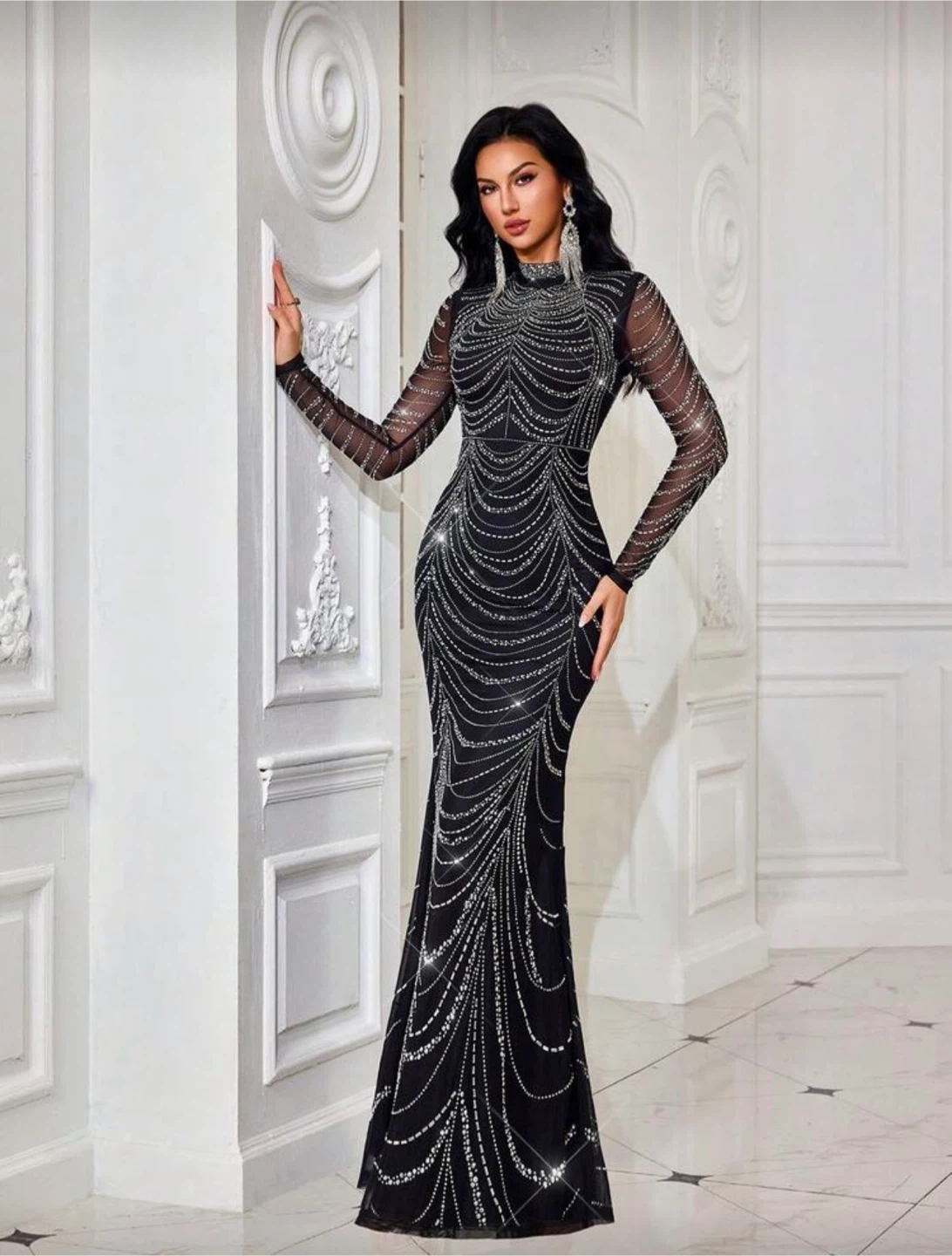 Black Beaded Long Sleeve Evening Gown - photo 2