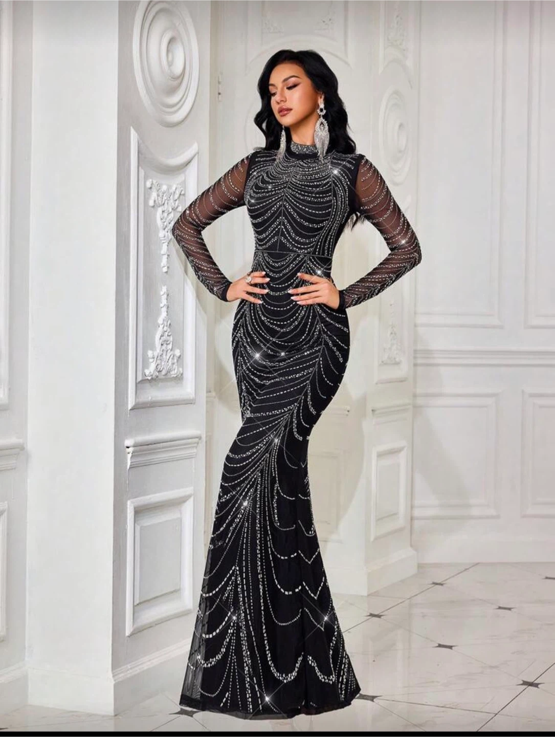Black Beaded Long Sleeve Evening Gown