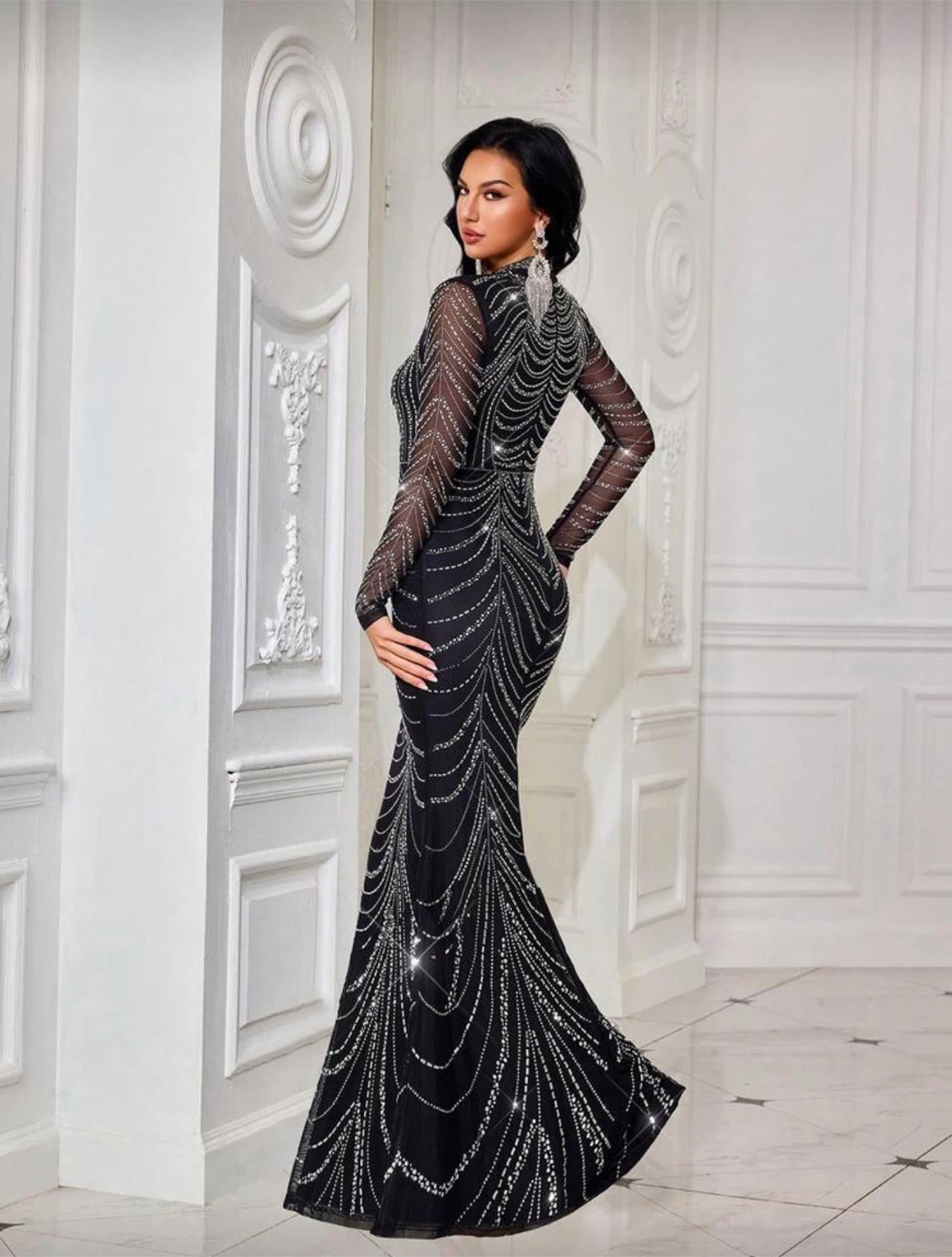 Black Beaded Long Sleeve Evening Gown - photo 3