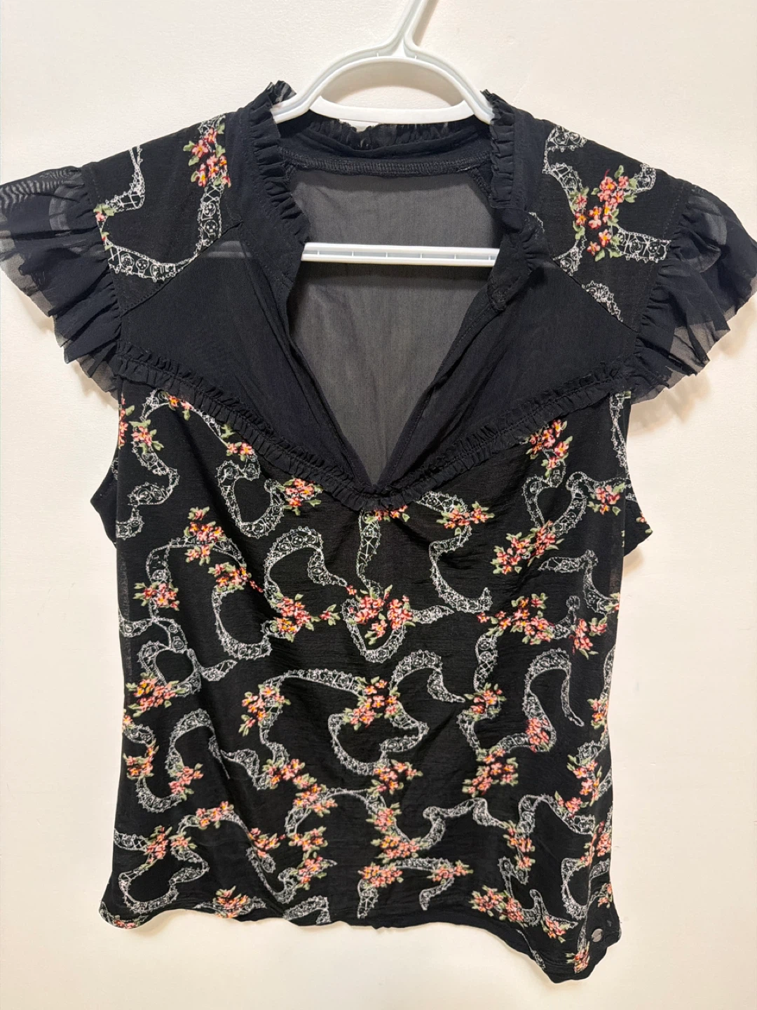 GUESS Black Floral Mesh Top - Size L