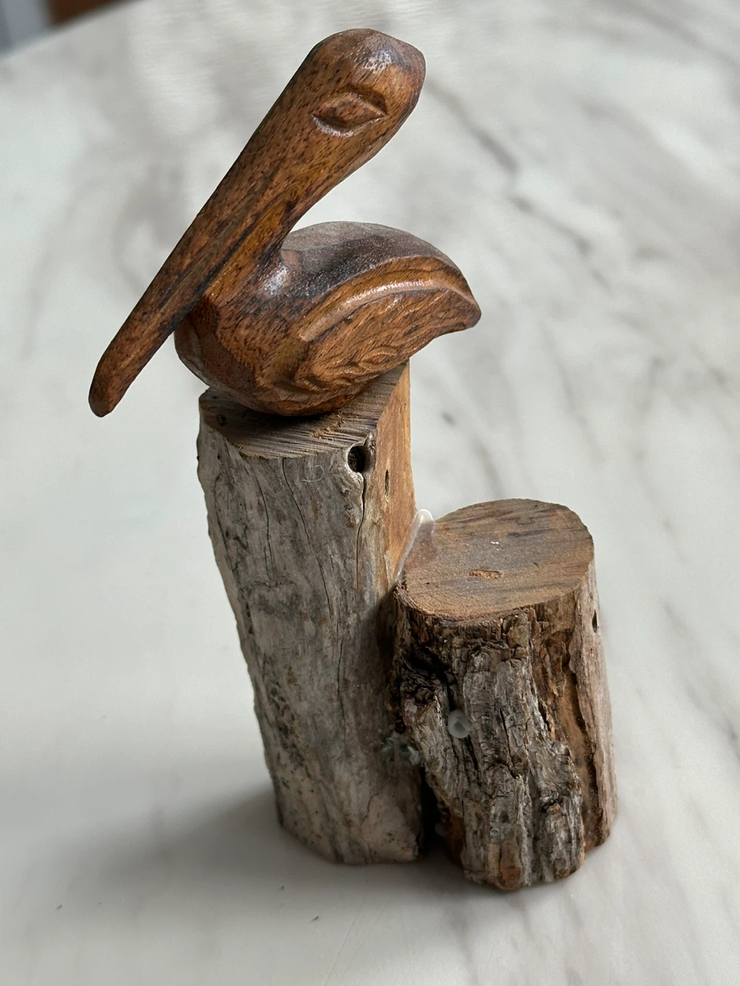 Wooden Pelican Figurine on Driftwood Base
