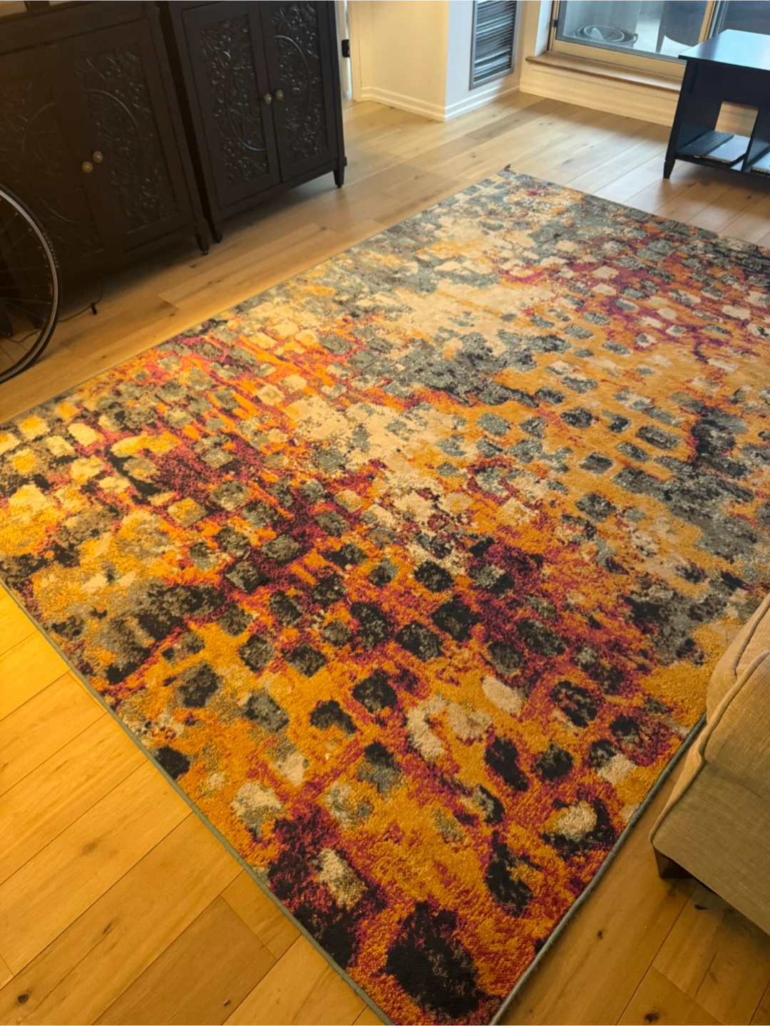 Area Rug - Abstract Design, Orange, Grey, Burgundy