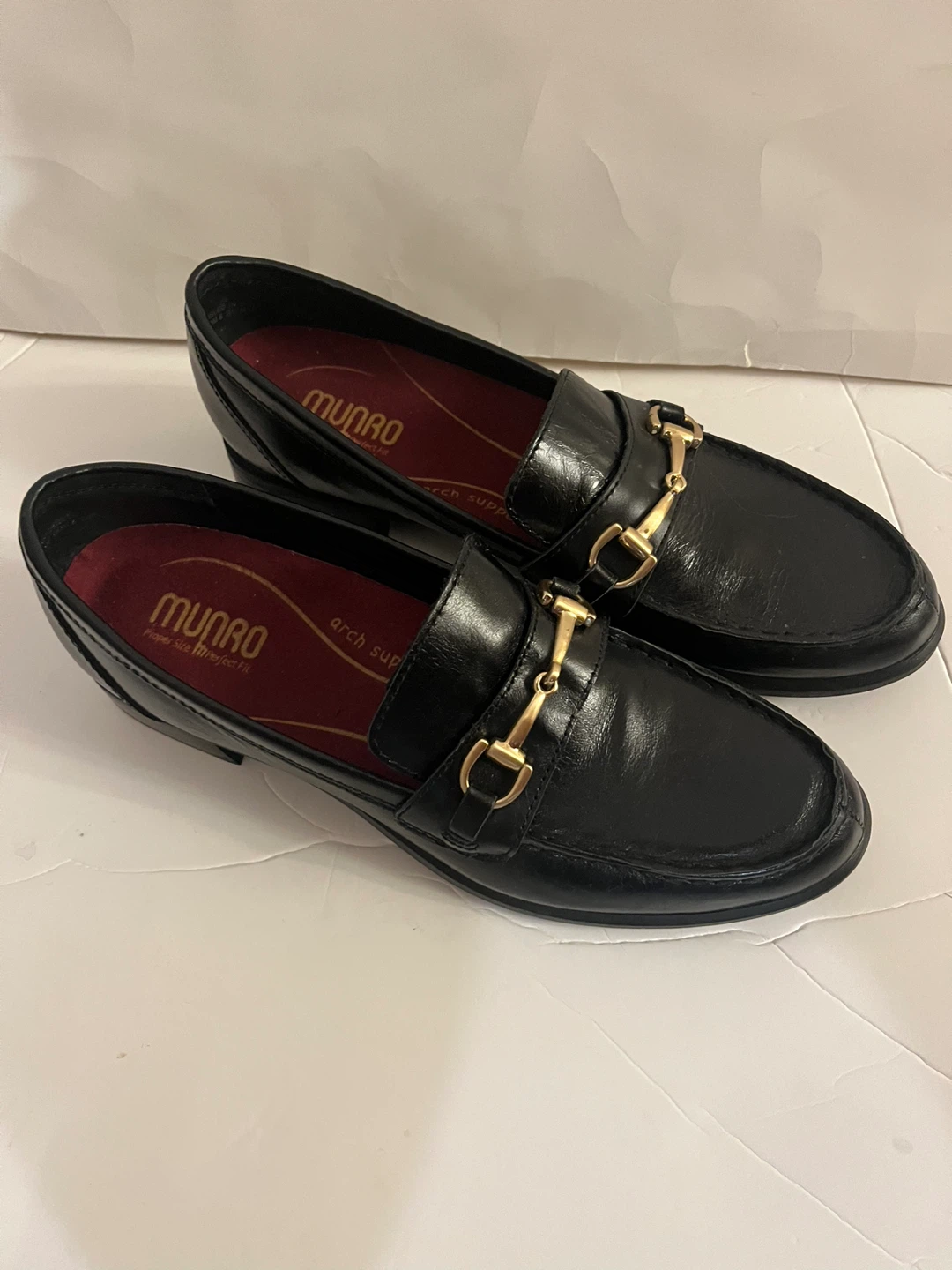 Munro Black Leather Loafers with Gold Bit Detail