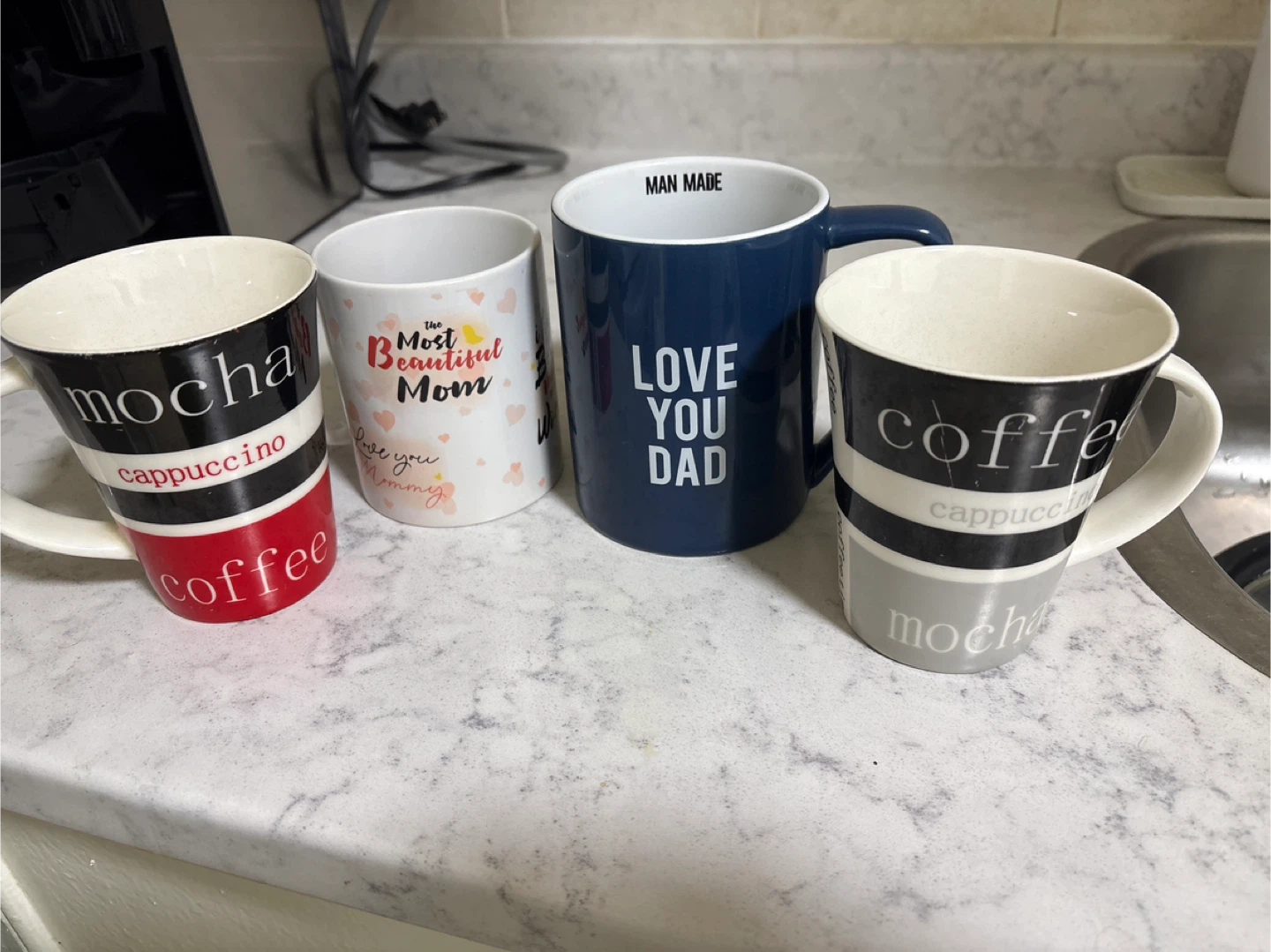 Set of 4 Coffee Mugs - Mom, Dad, Mocha, Cappuccino