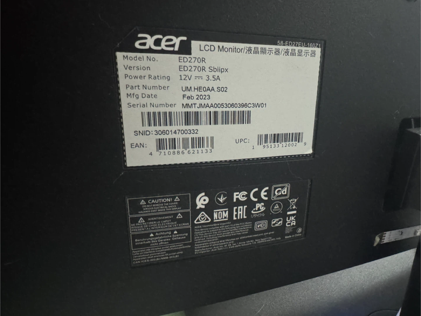 Acer ED270R 27 Inch FHD 165Hz Curved Gaming Monitor - photo 3