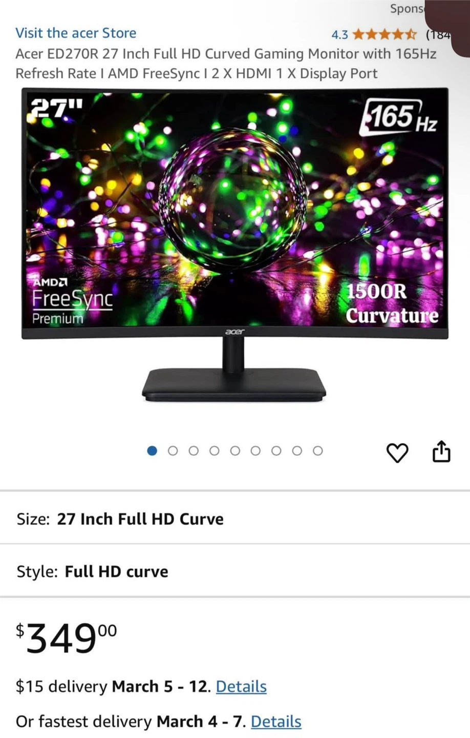 Acer ED270R 27 Inch FHD 165Hz Curved Gaming Monitor - photo 4