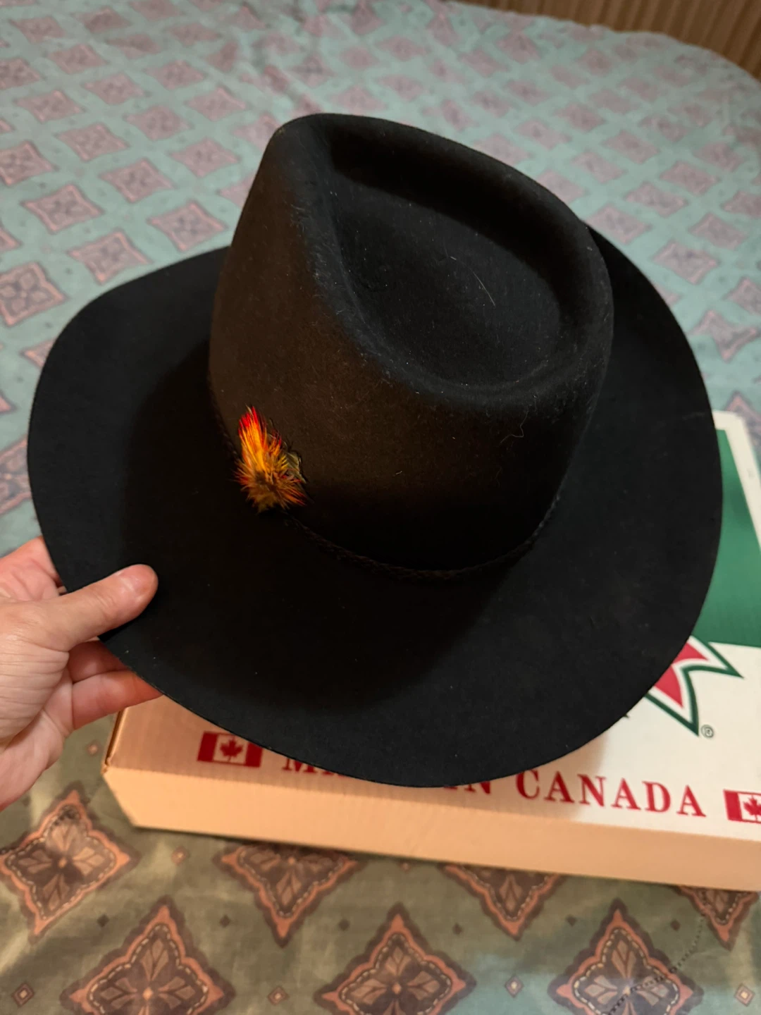 Black Western Style Hat with Feather Accent