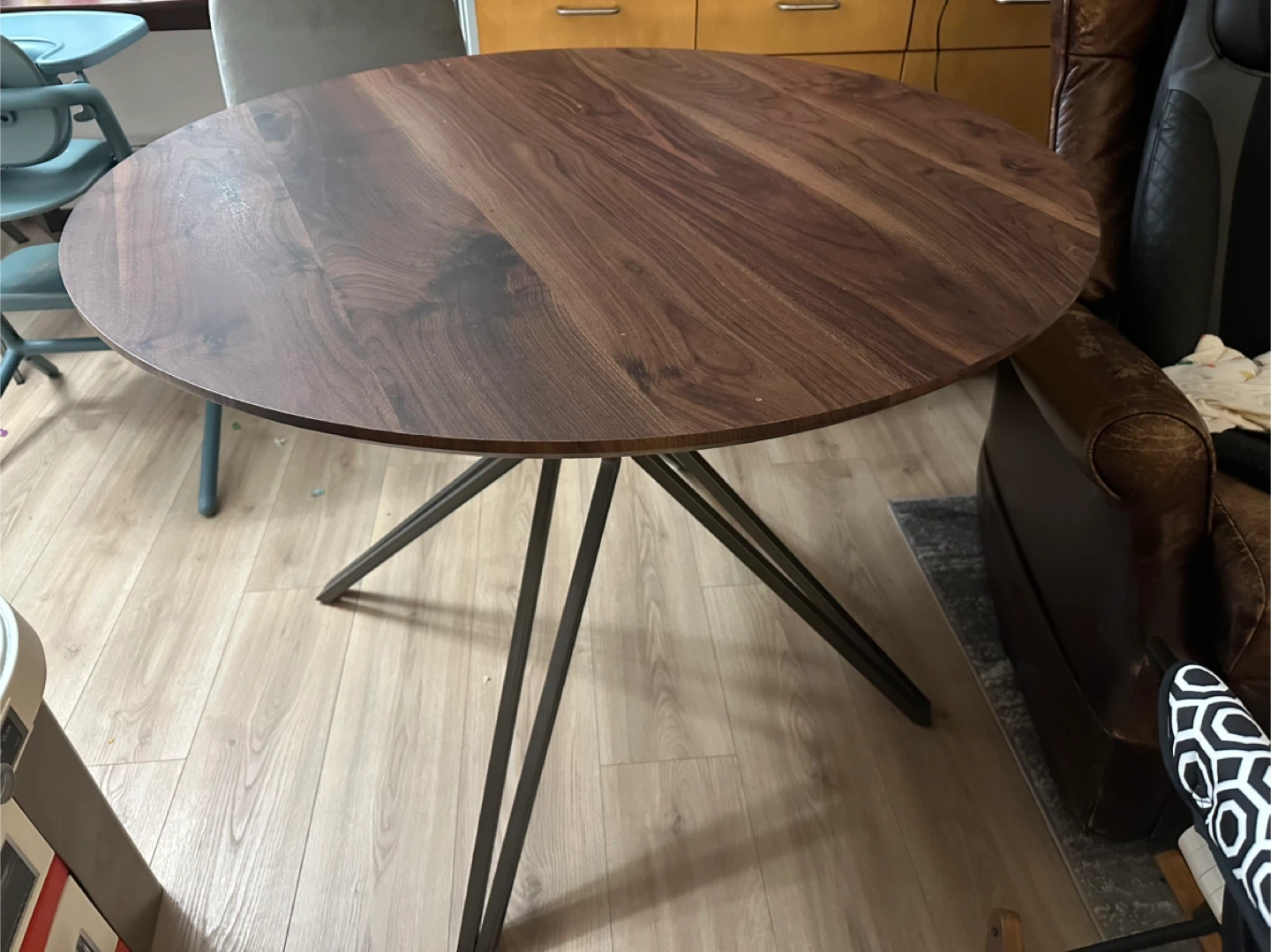 Round Walnut Table with Metal Legs