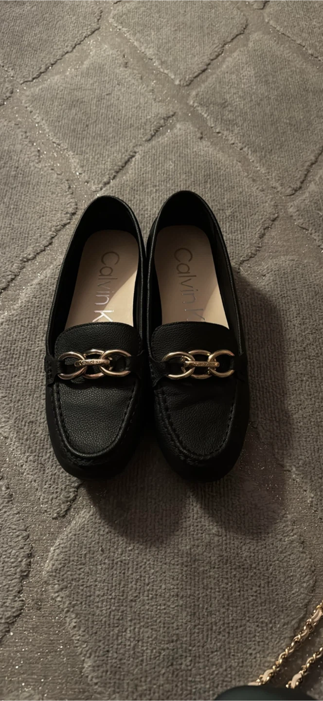 Calvin Klein Black Loafers with Gold Chain Detail