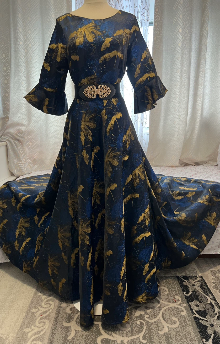 Navy Blue and Gold Brocade Gown with Flared Sleeves