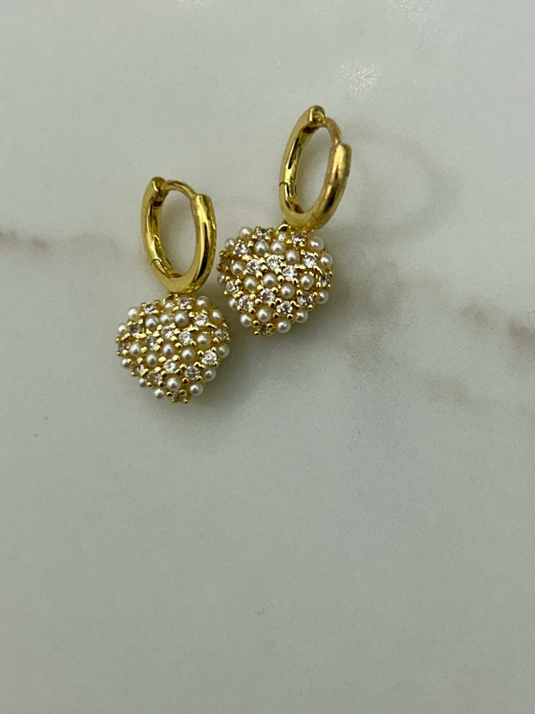 Gold Hoop Earrings with Pearl and Crystal Heart Charms
