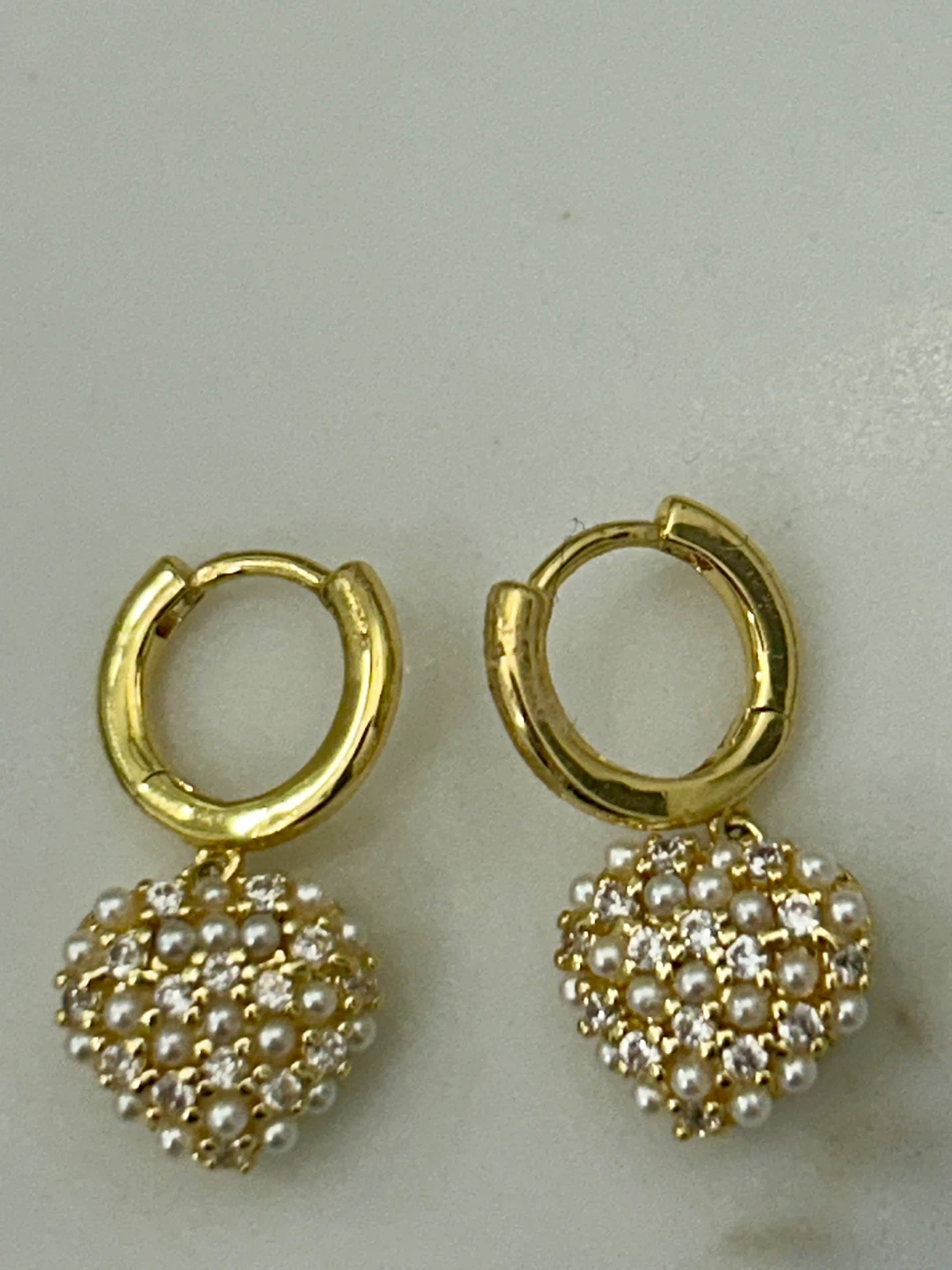 Gold Hoop Earrings with Pearl and Crystal Heart Charms - photo 2