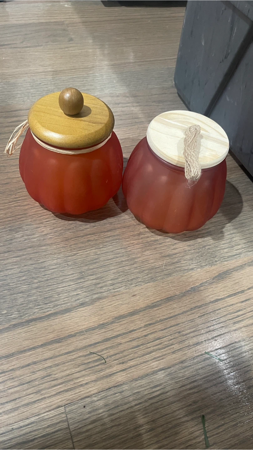 Set of 2 Frosted Glass Pumpkin Jars with Wooden Lids
