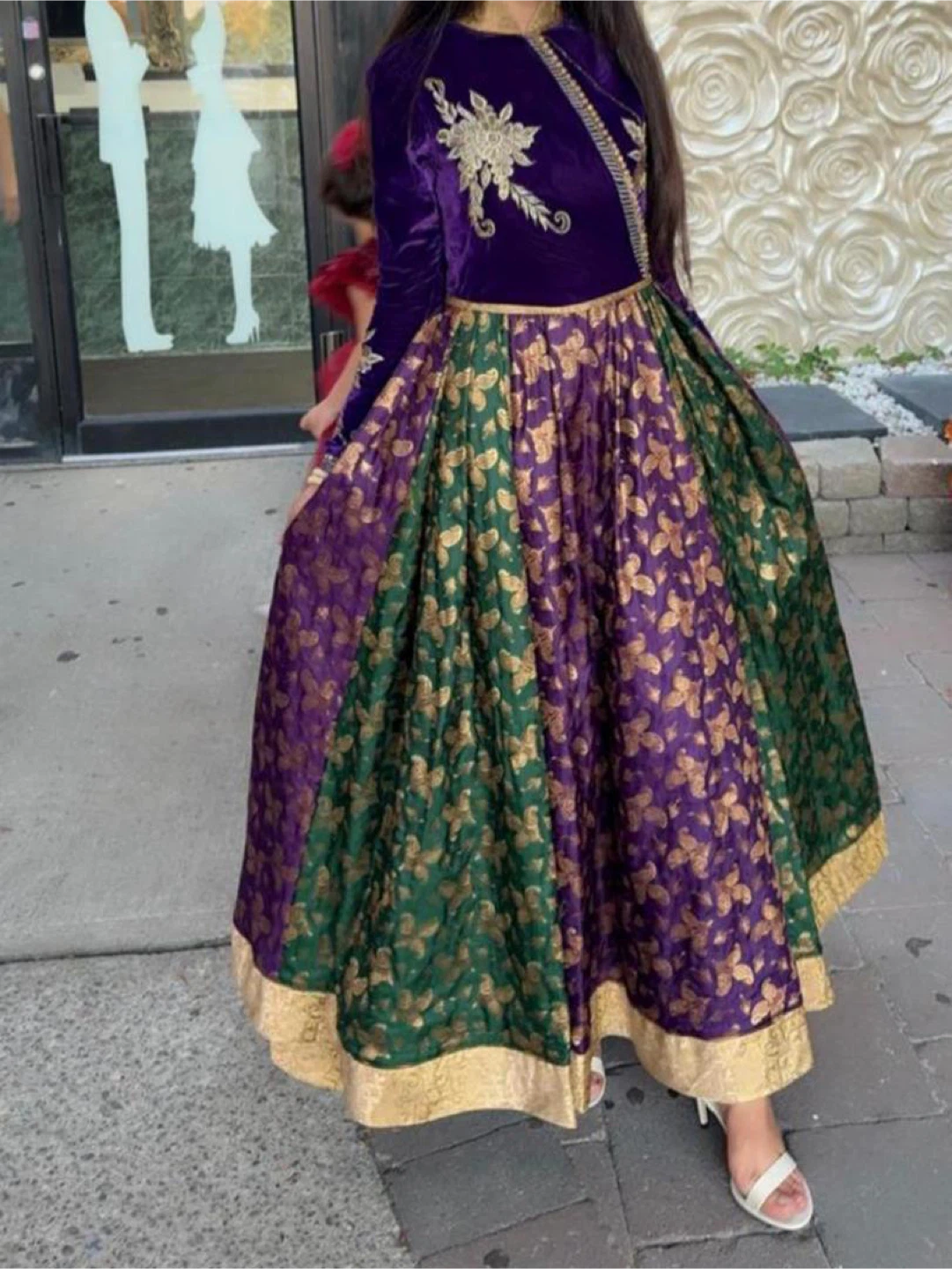 Purple and Green Brocade Anarkali Dress