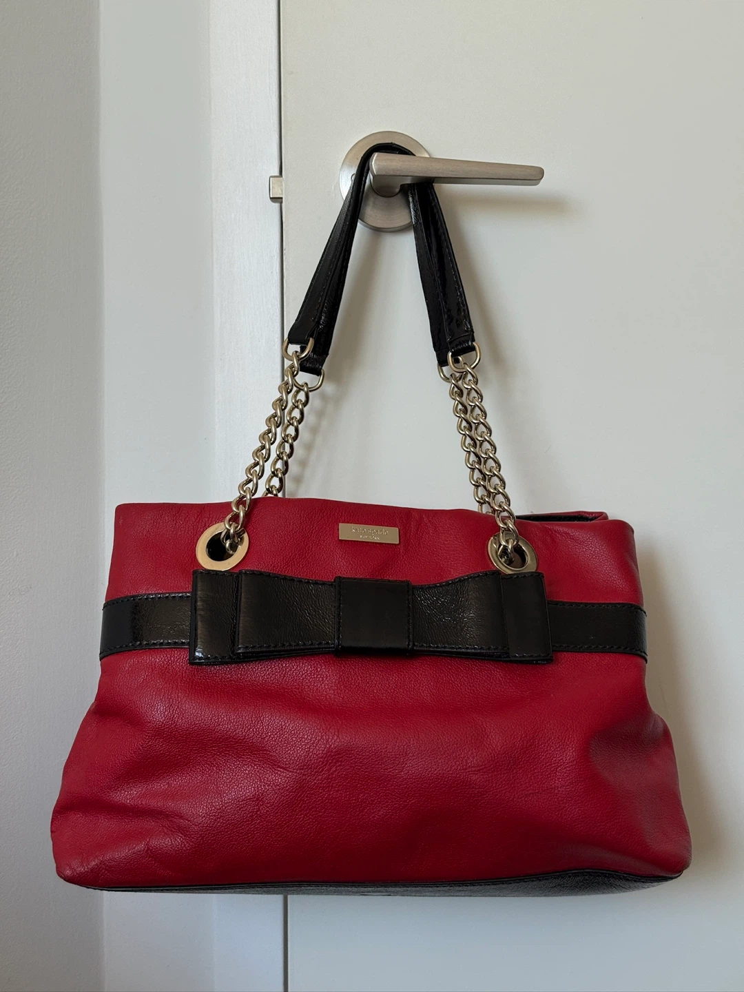 Kate Spade Red Leather Tote Bag with Black Bow and Chain Straps