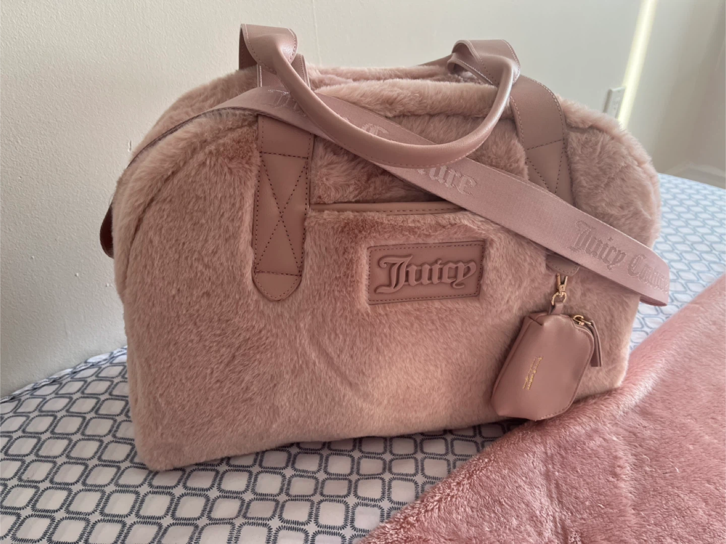 Juicy Couture Pink Faux Fur Duffle Bag with Matching Pouch