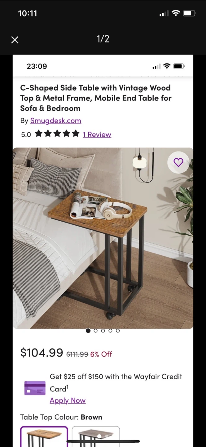 C-Shaped Side Table with Vintage Wood Top & Metal Frame