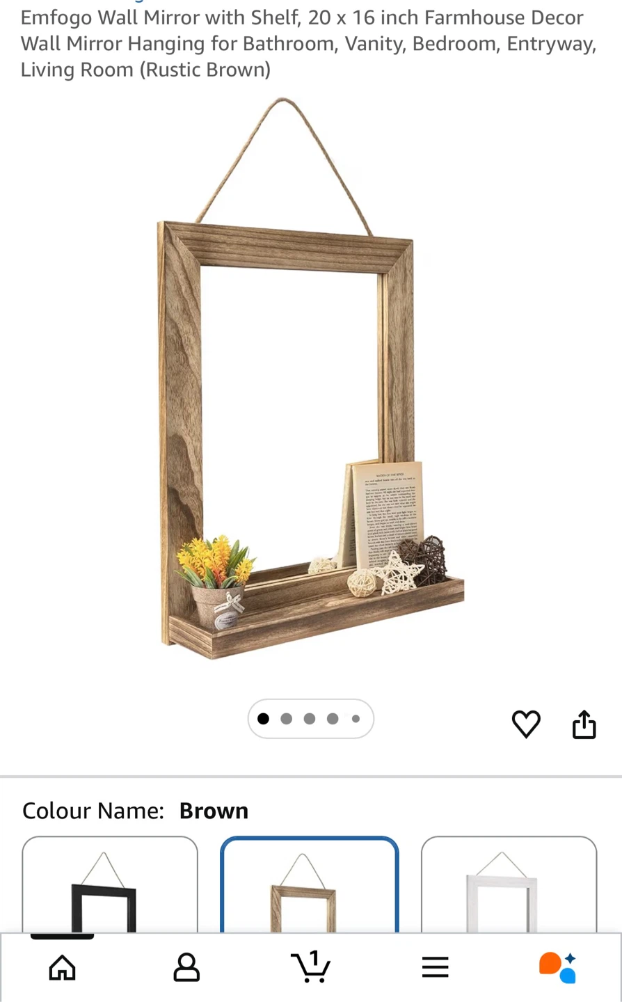Emfogo Rustic Brown Wall Mirror with Shelf (20 x 16 inch)