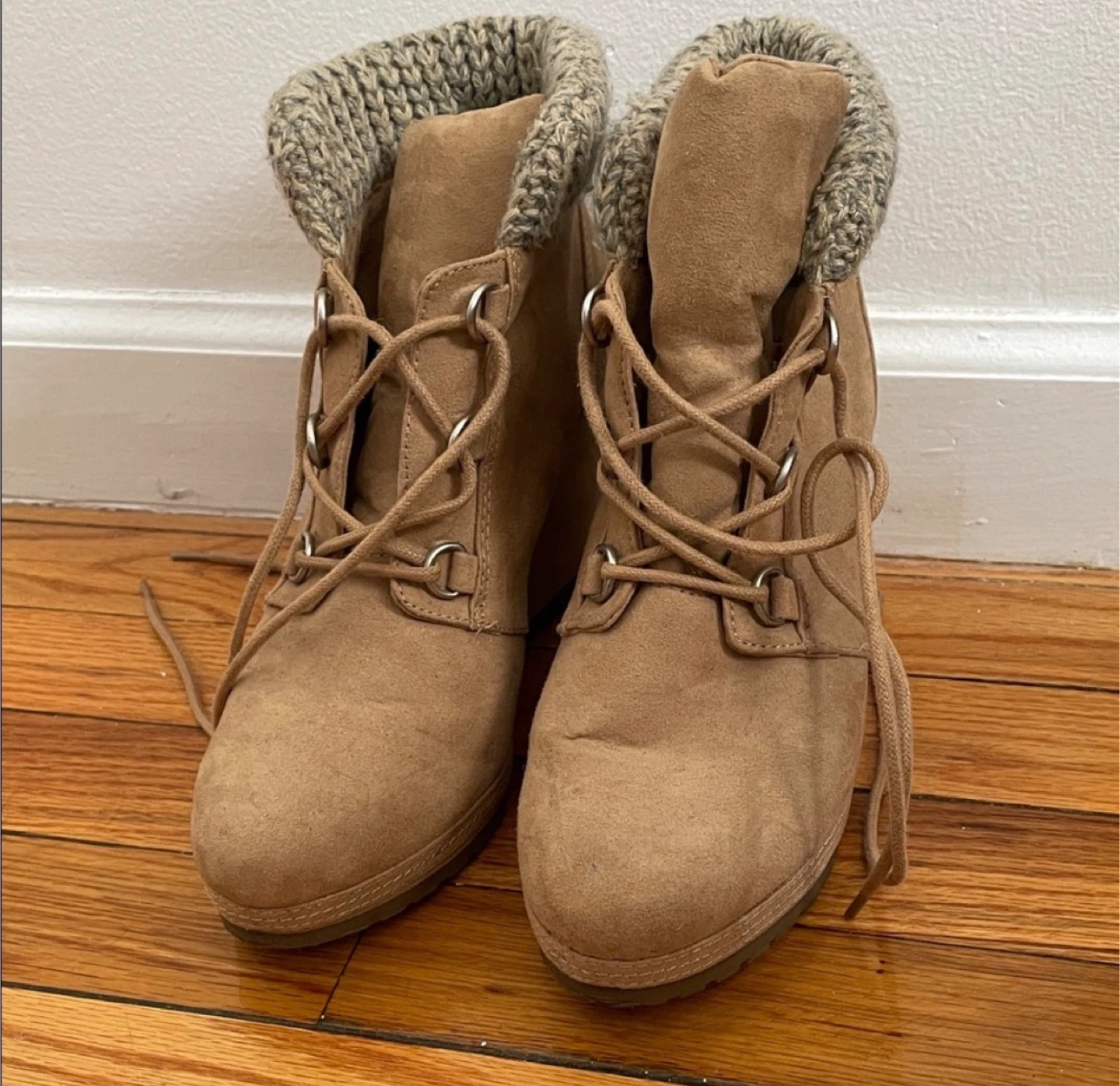 Bershka Tan Suede Knit Wedge Ankle Boots Size EU 39 - photo 2