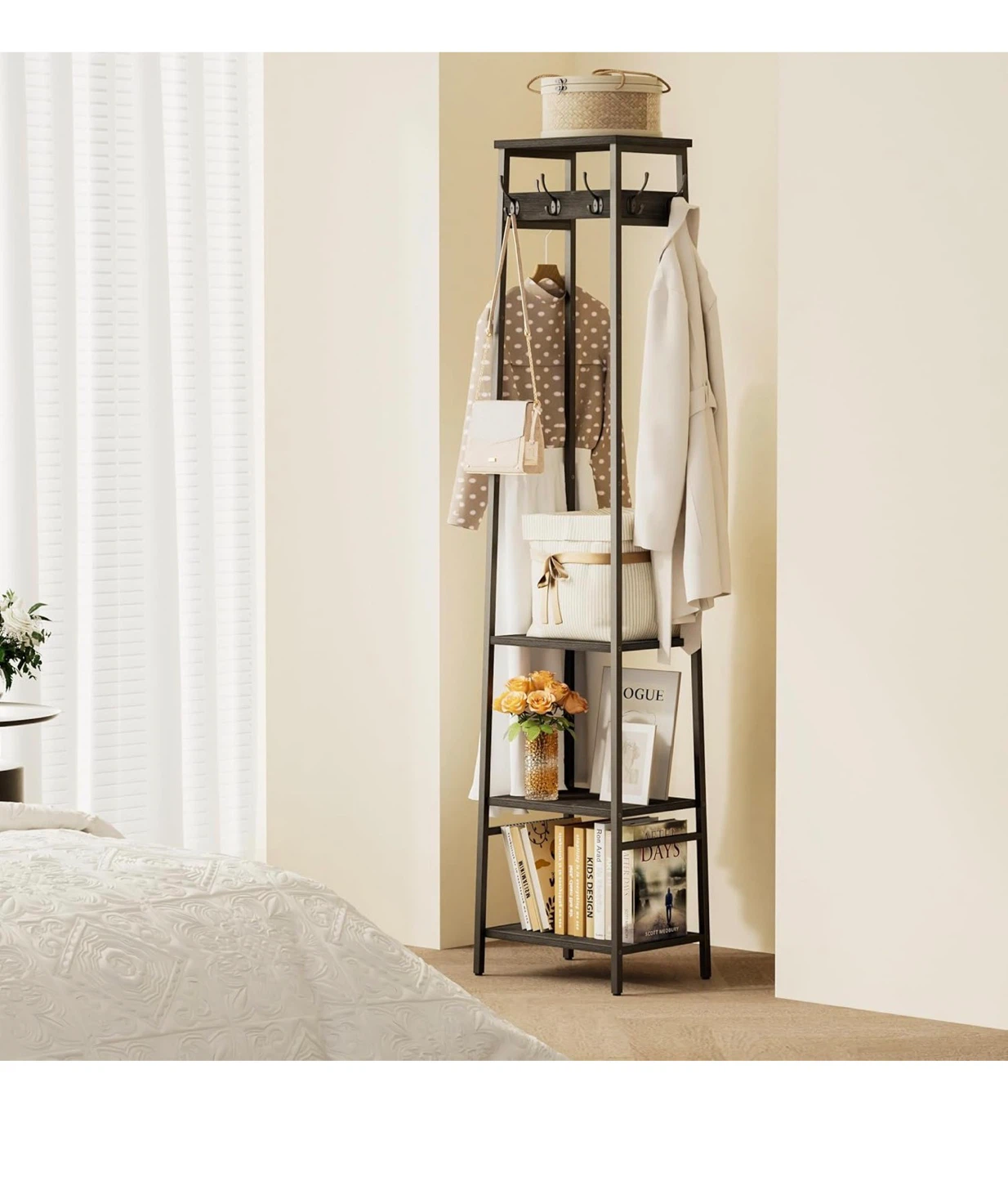 Black Freestanding Coat Rack with 3 Shelves and 7 Hooks - photo 2