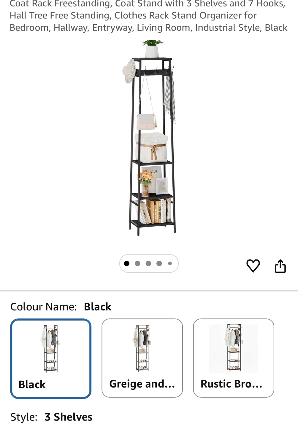 Black Freestanding Coat Rack with 3 Shelves and 7 Hooks