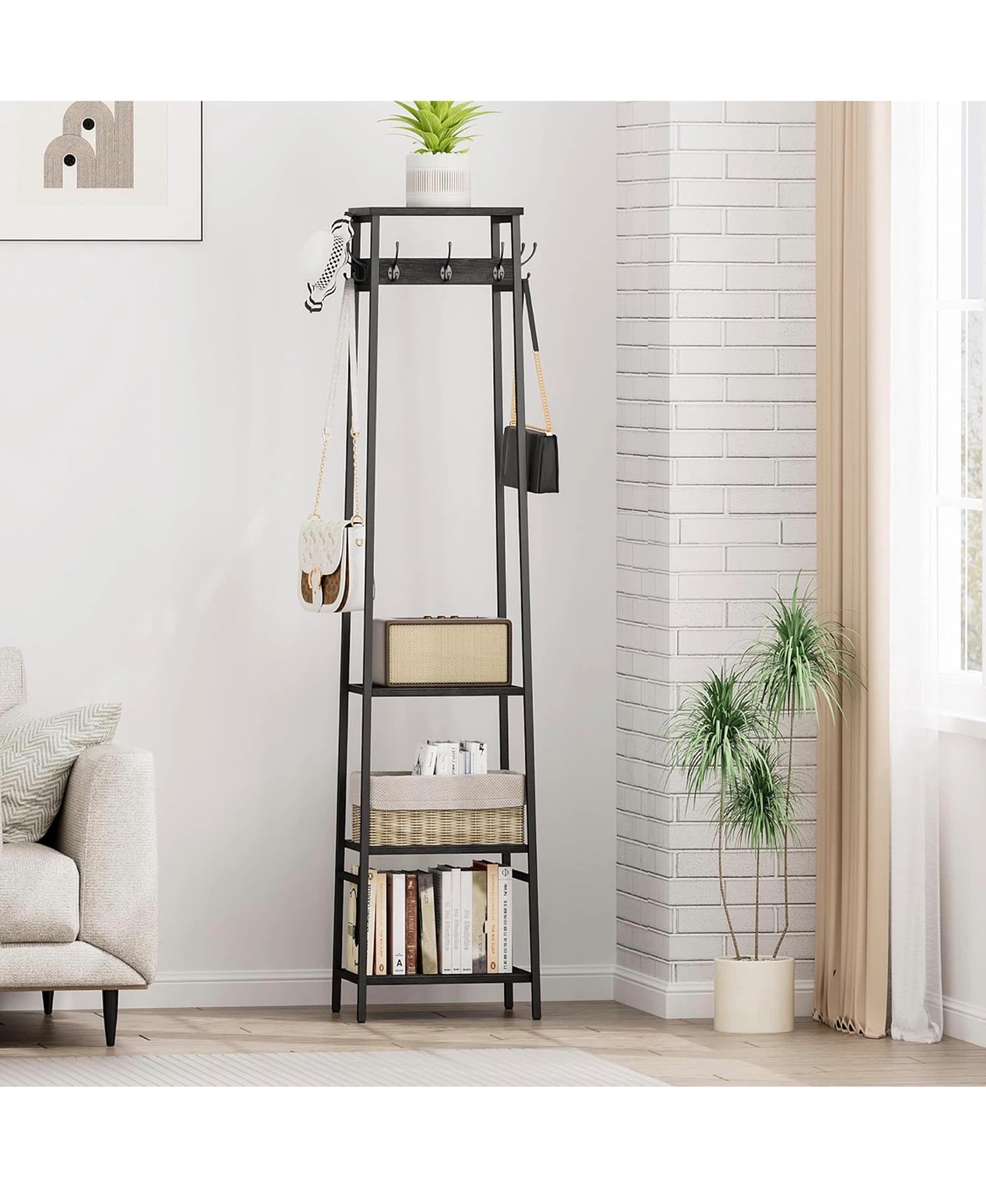 Black Freestanding Coat Rack with 3 Shelves and 7 Hooks - photo 5