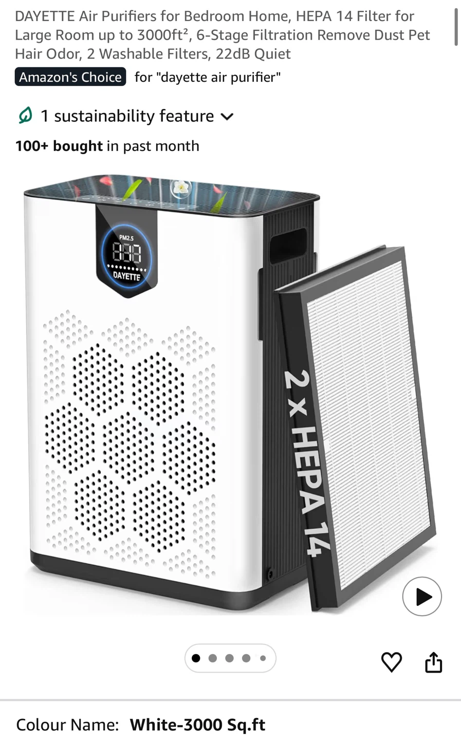 DAYETTE Air Purifier HEPA 14 White 3000 Sq.ft