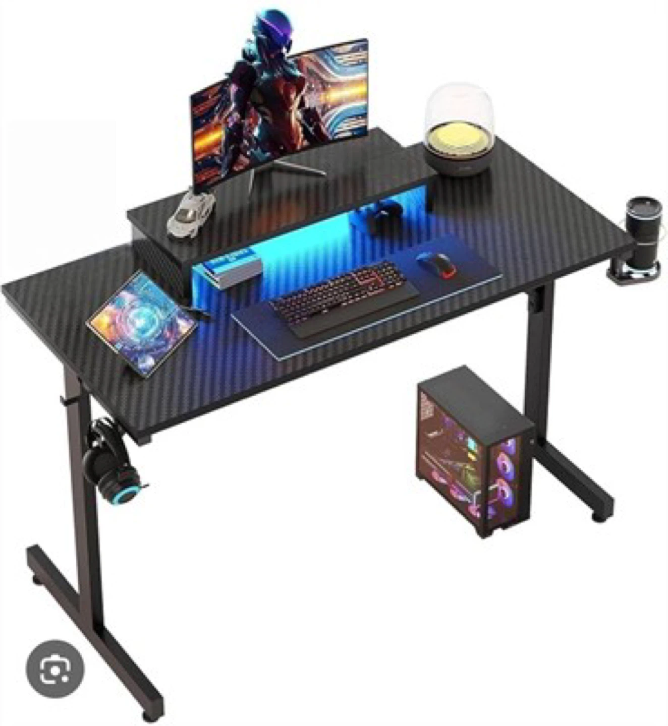 Black Gaming Desk with LED Lights & Monitor Riser – Priced Low