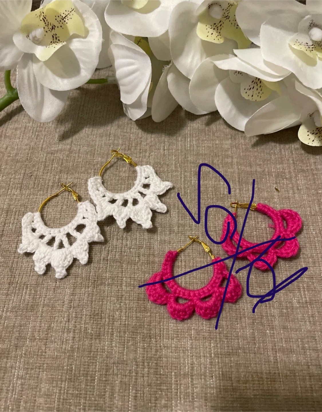 Handmade Crochet Hoop Earrings - Pink & White🏆