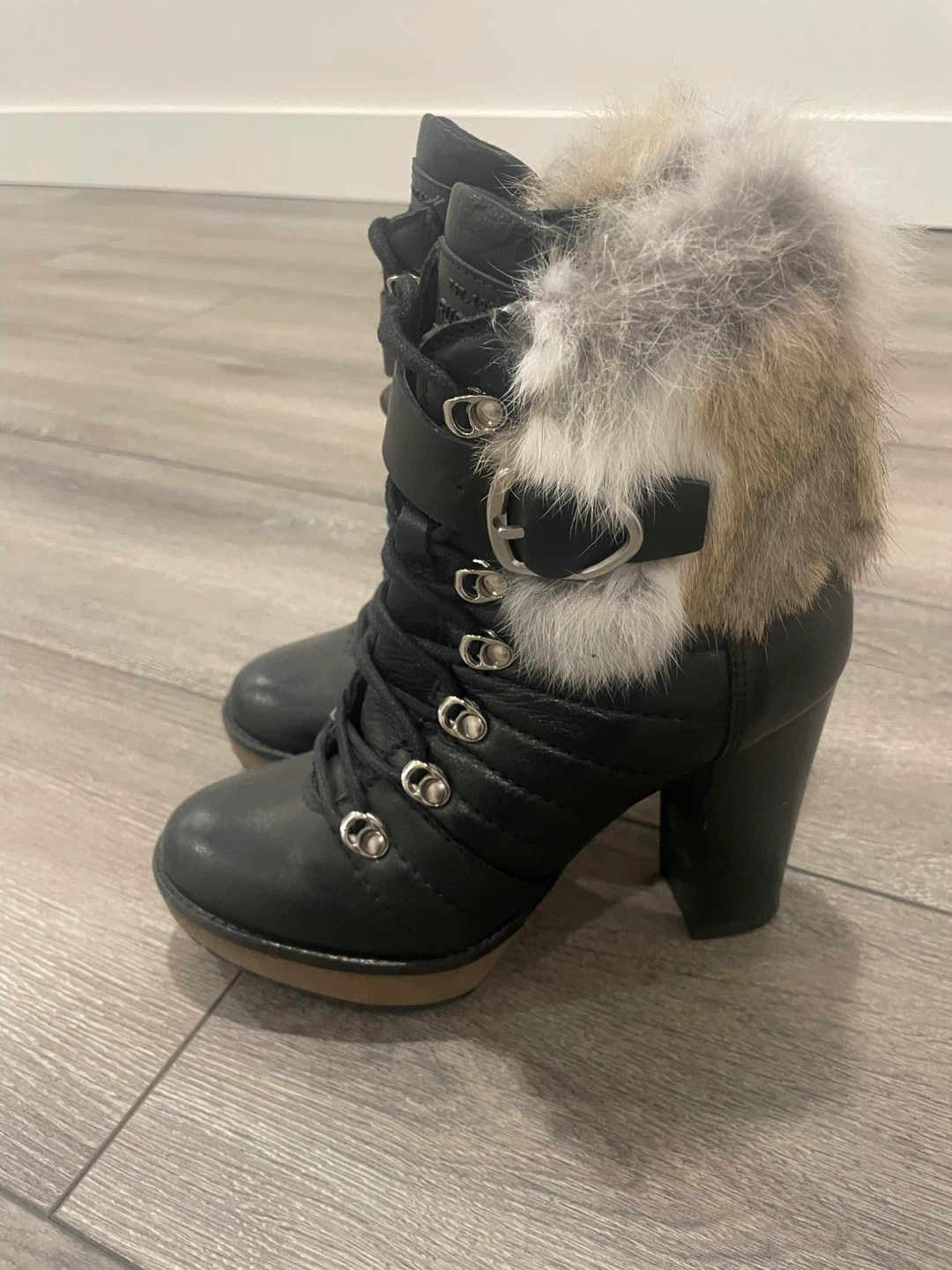 RUDSAK Black Leather Fur Trim Heeled Boots Size 36 - photo 2