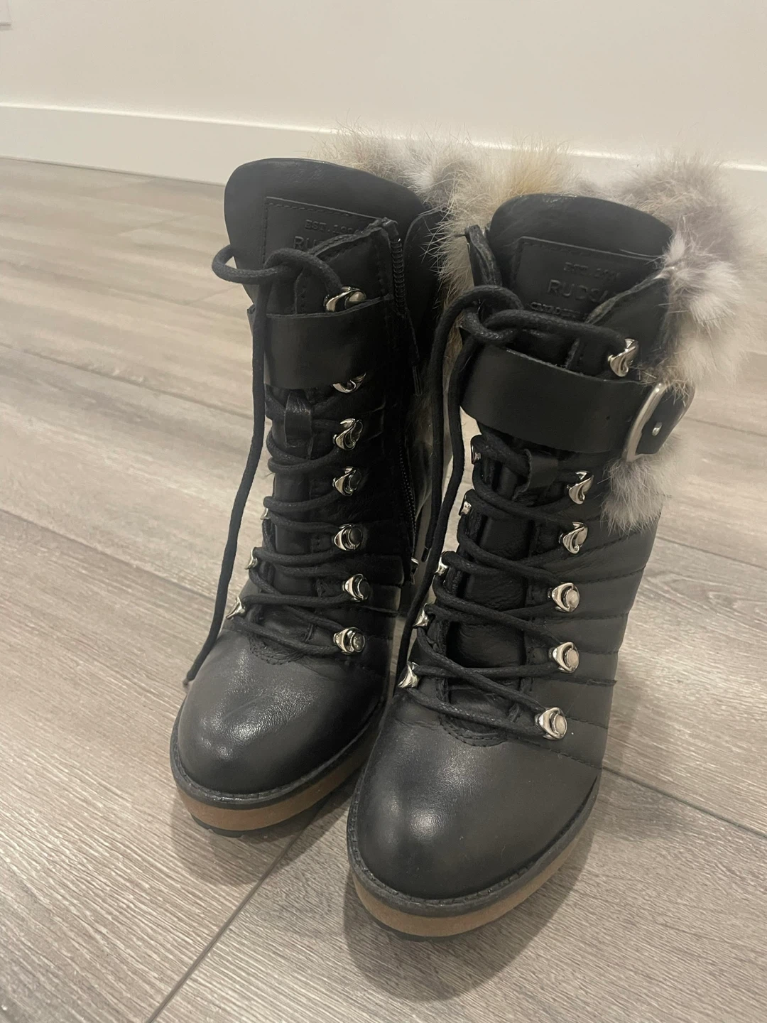 RUDSAK Black Leather Fur Trim Heeled Boots Size 36