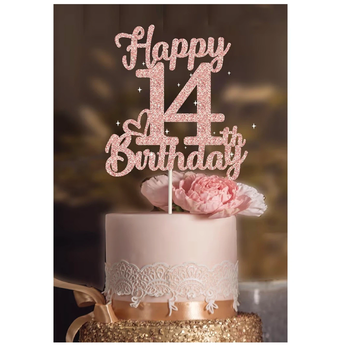 Rose Gold Happy 14th Birthday Cake Topper