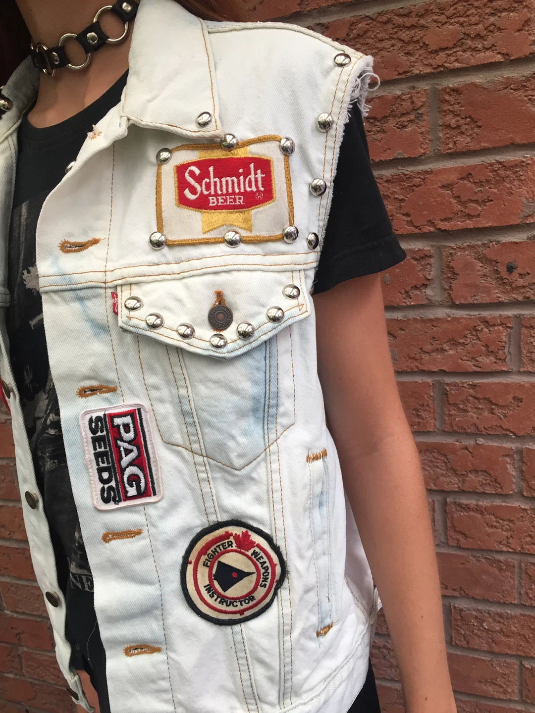 White Denim Vest with Band Patches - photo 2