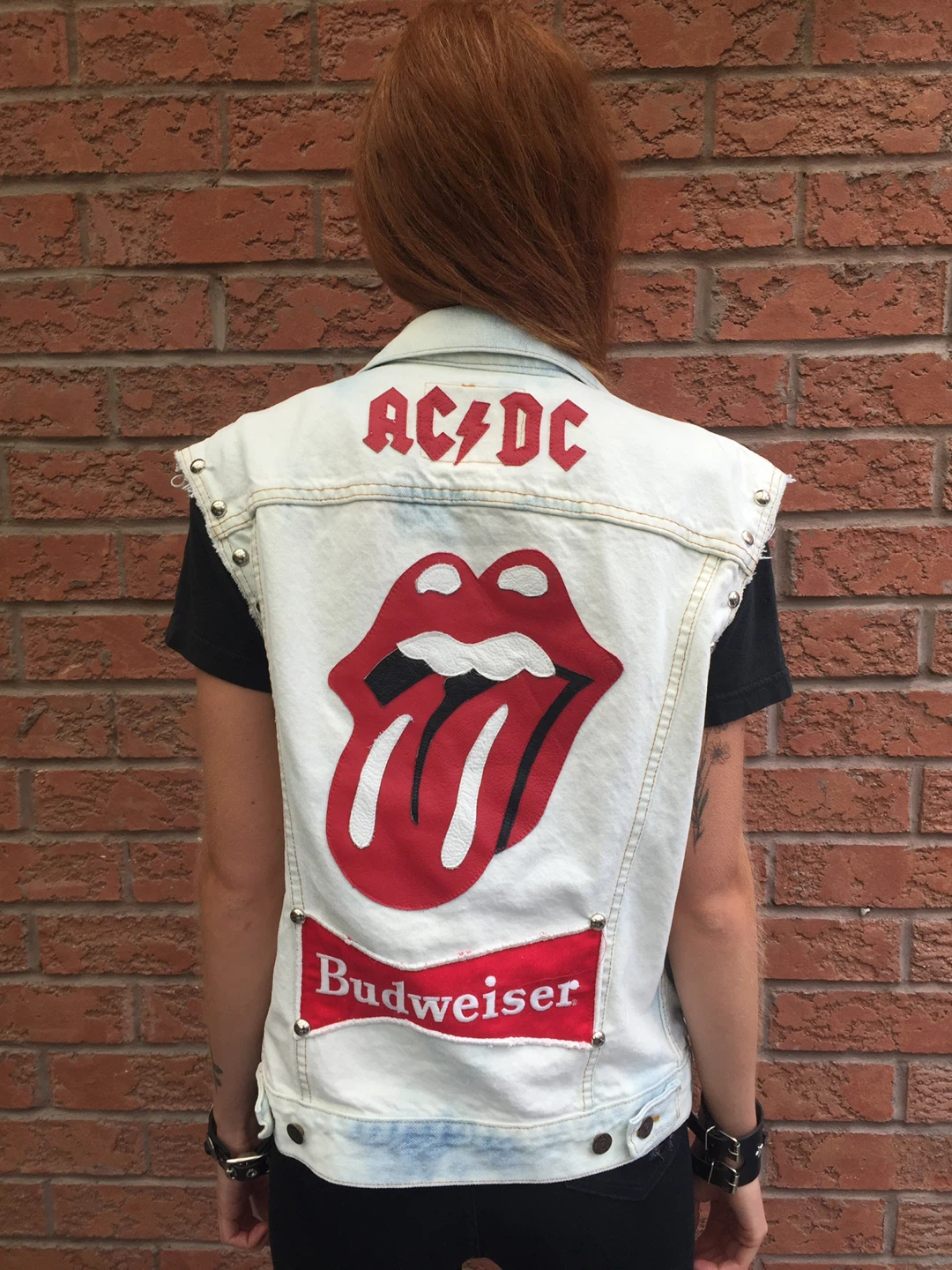 White Denim Vest with Band Patches