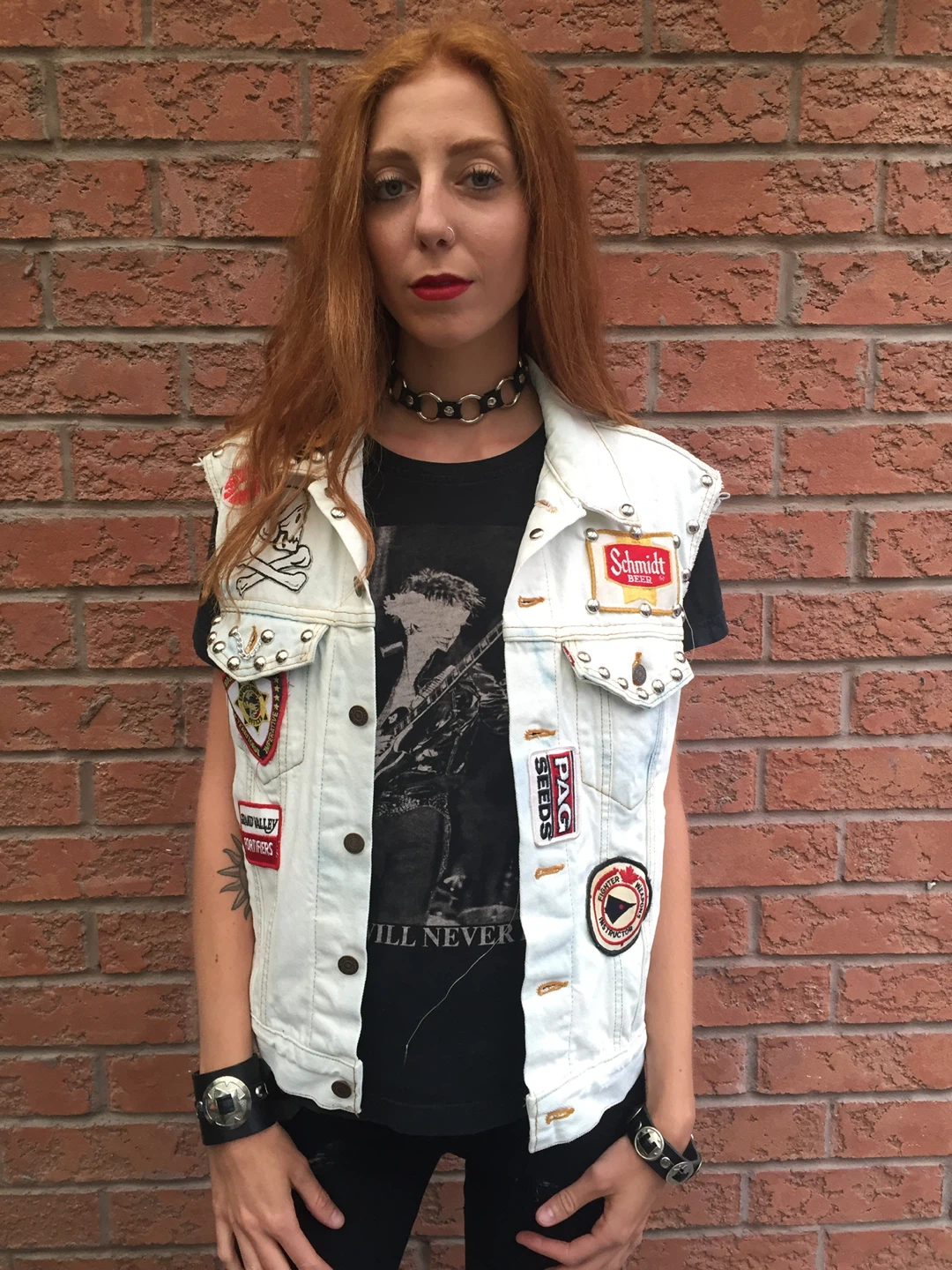 White Denim Vest with Band Patches - photo 3