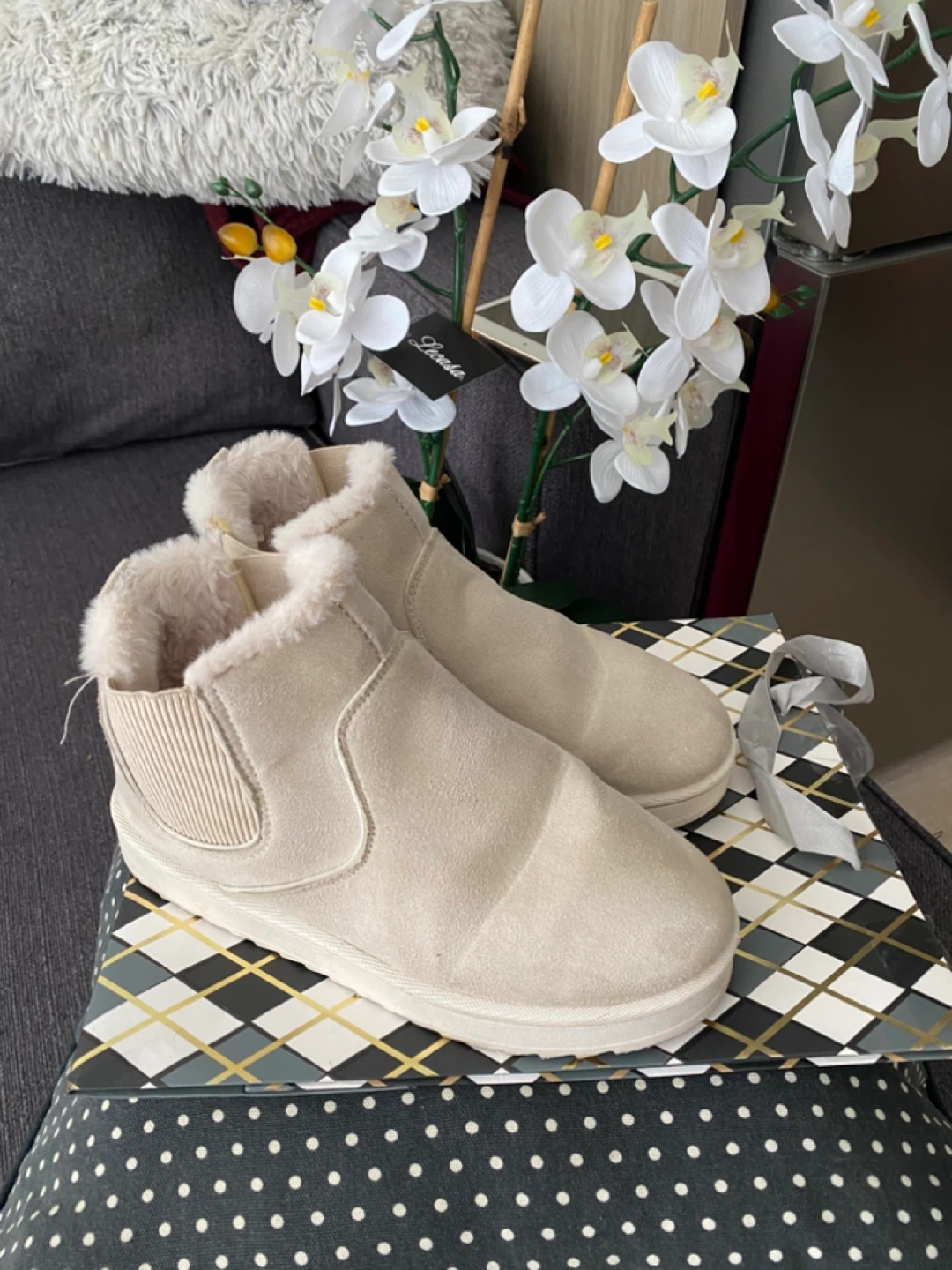 Cream Faux Suede Fur Lined Ankle Boots - Size 3