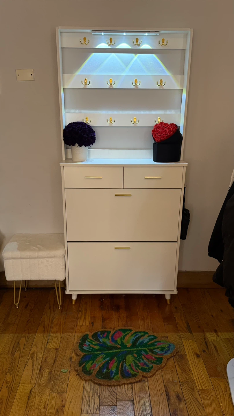 White Entryway Organizer with Hooks and Shoe Storage