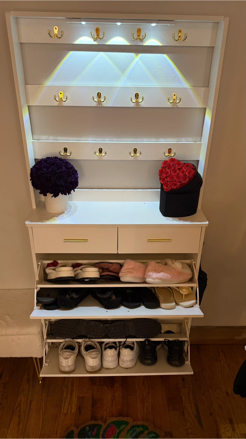 White Entryway Organizer with Hooks and Shoe Storage - photo 3