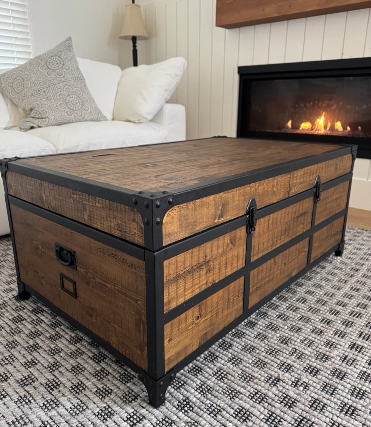 Rustic Wood Coffee Table Trunk with Metal Accents