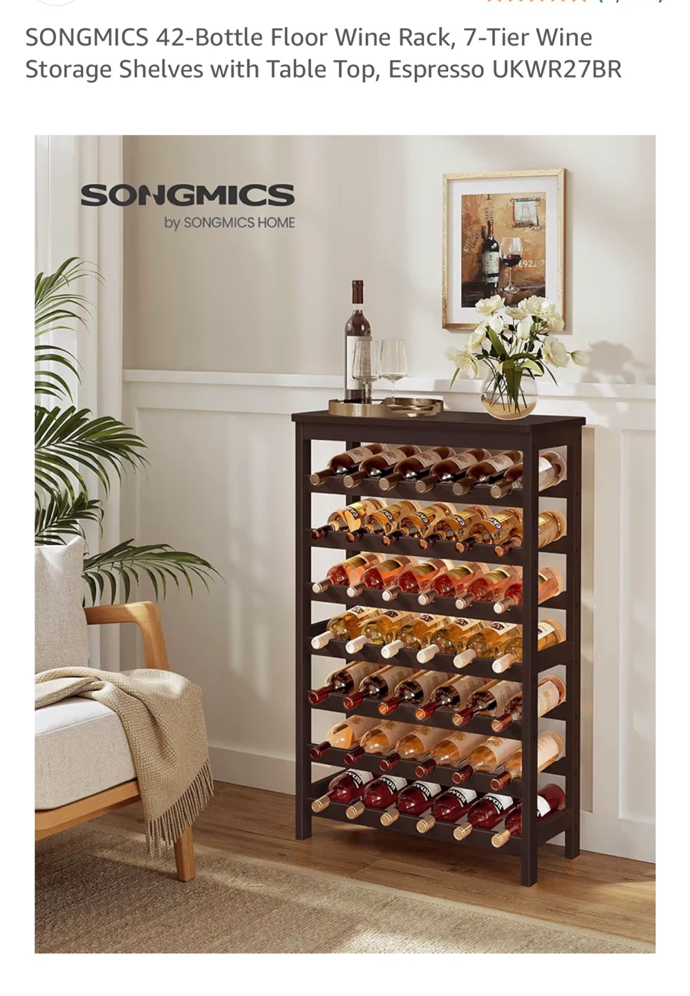 SONGMICS 42-Bottle Floor Wine Rack - Espresso