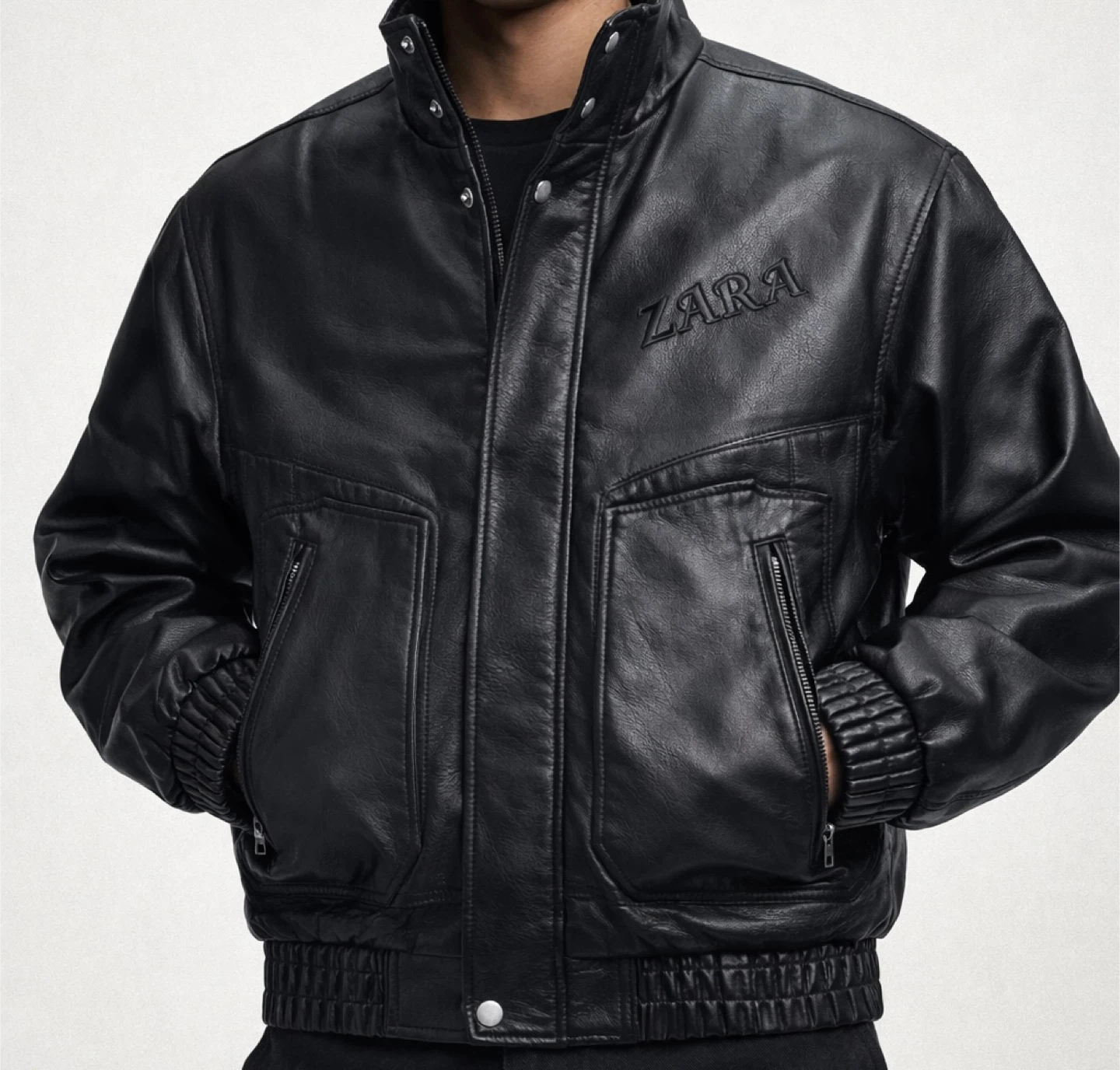 Zara Black Faux Leather Bomber Jacket