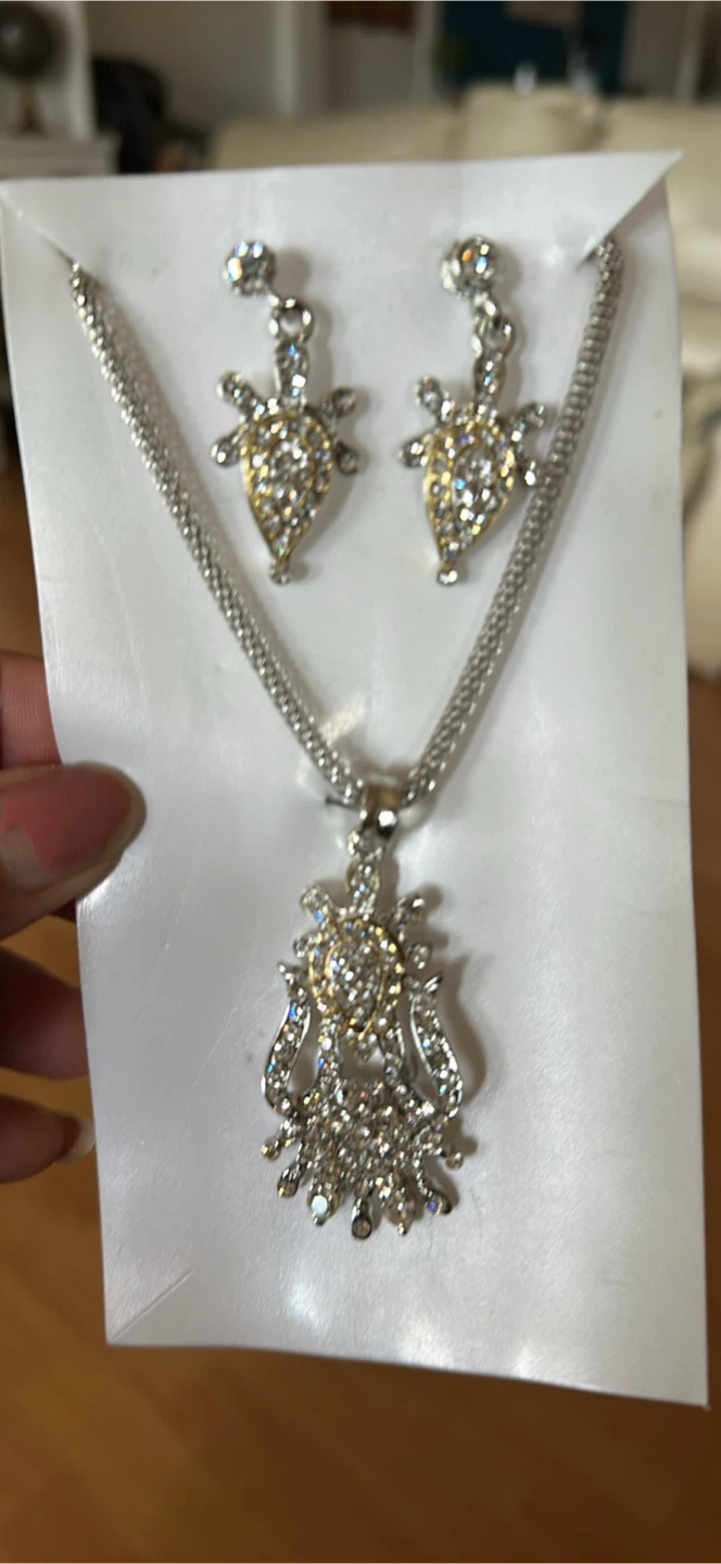 Rhinestone Turtle Necklace and Earring Set
