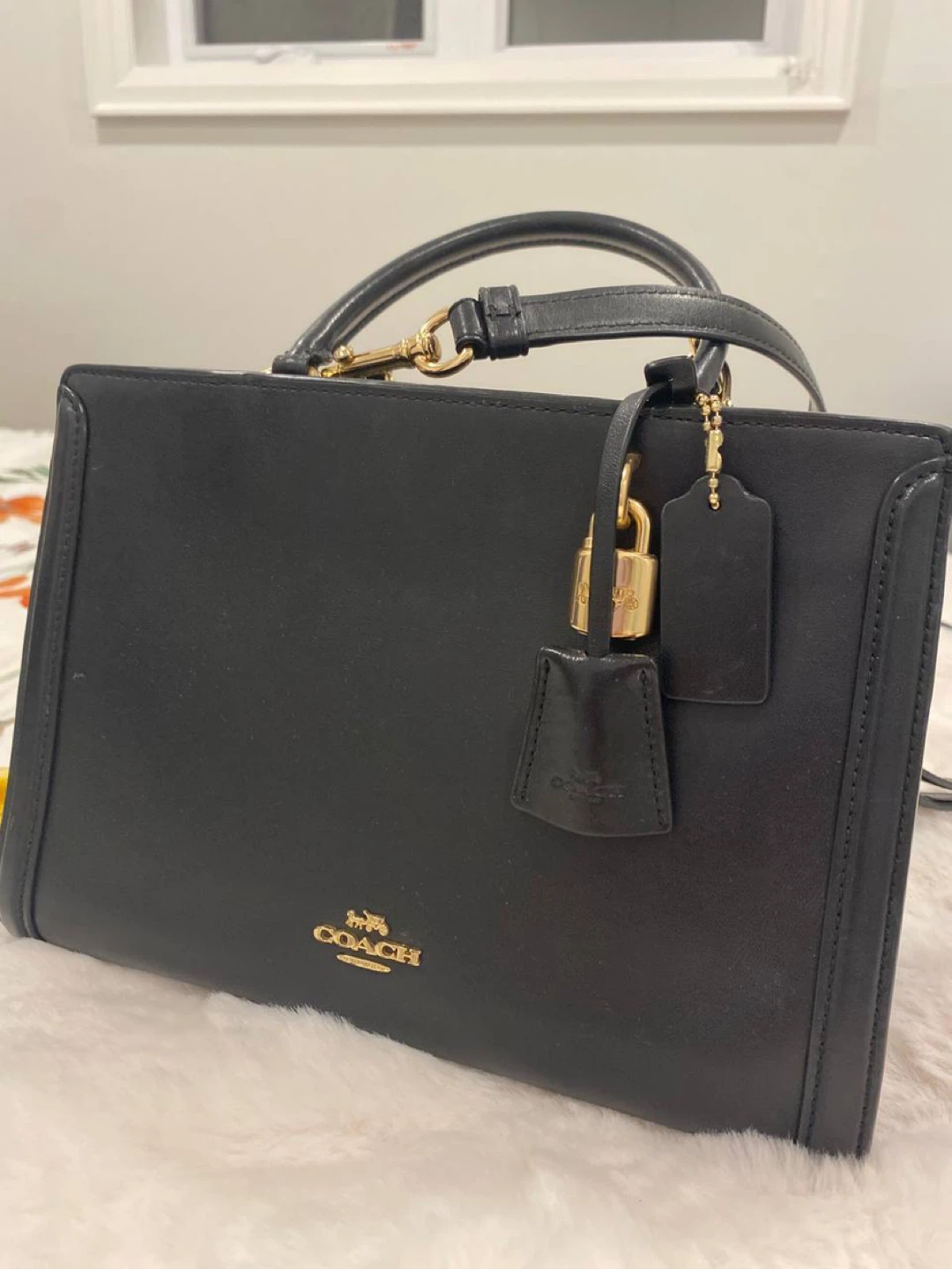 Coach Black Leather Top Handle Bag with Lock Charm