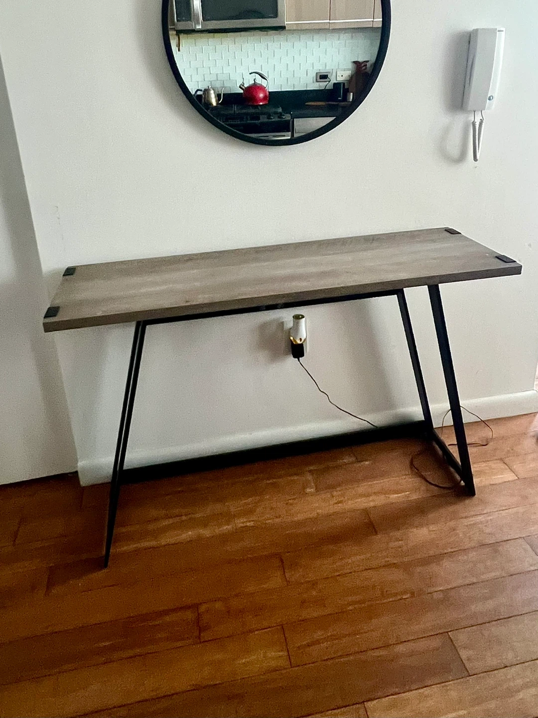 Console table, gray walnut and gunmetal, mid-century modern
