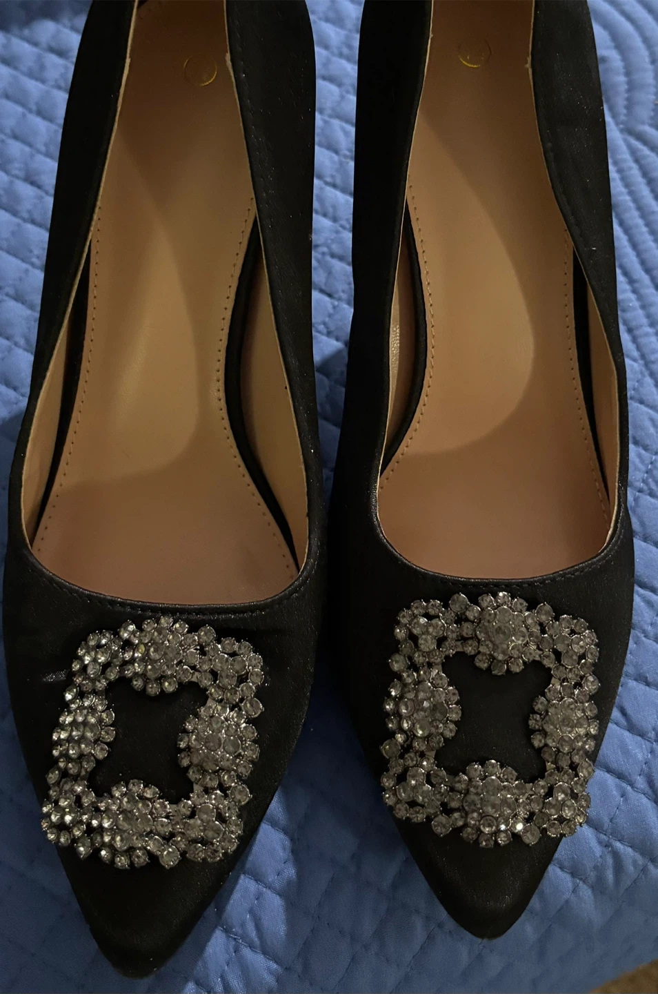 NEW-$4-Black Satin Style Heels with Rhinestones Size 7.5
