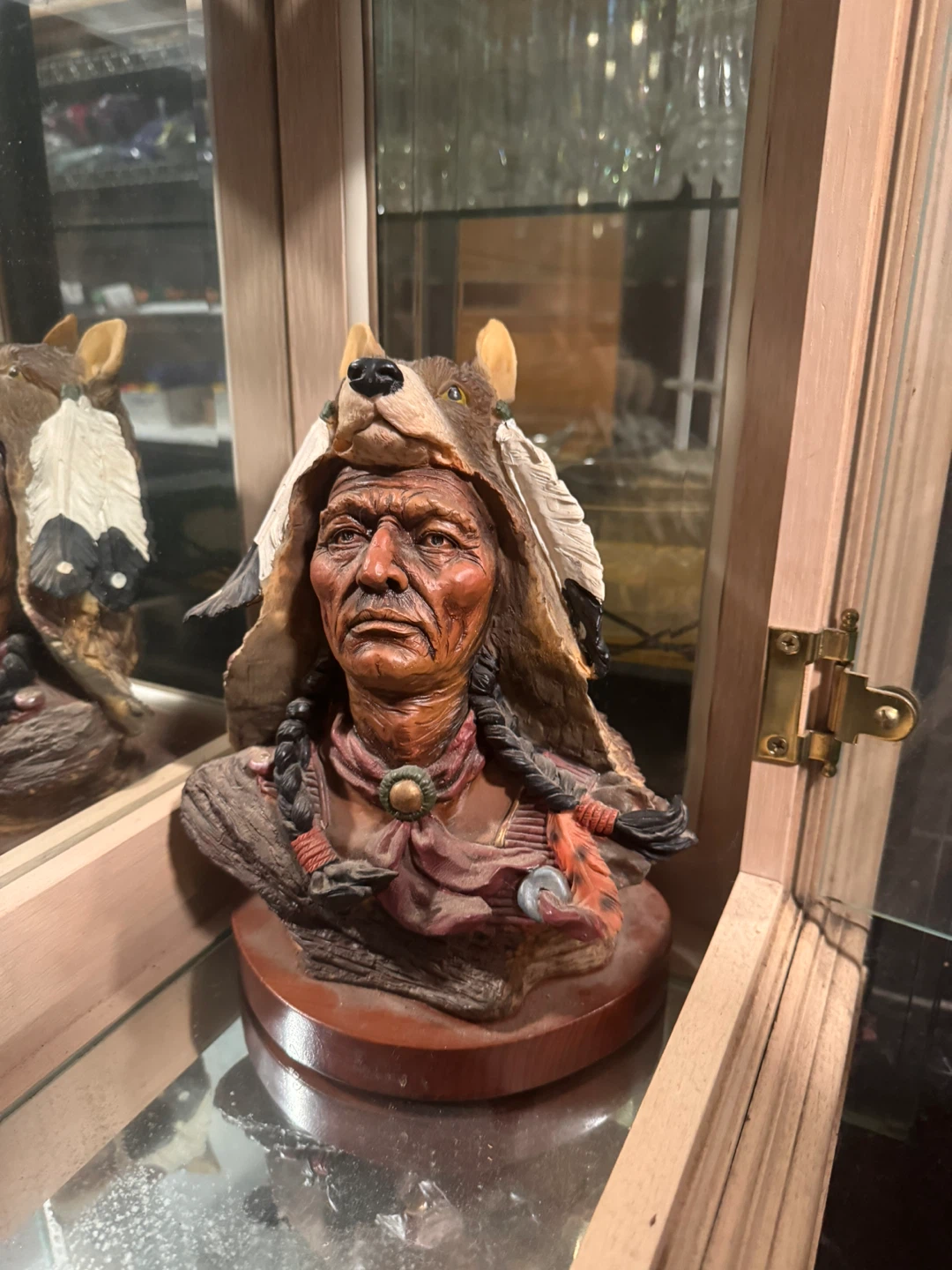 Native American Chief Bust with Wolf Headdress Figurine