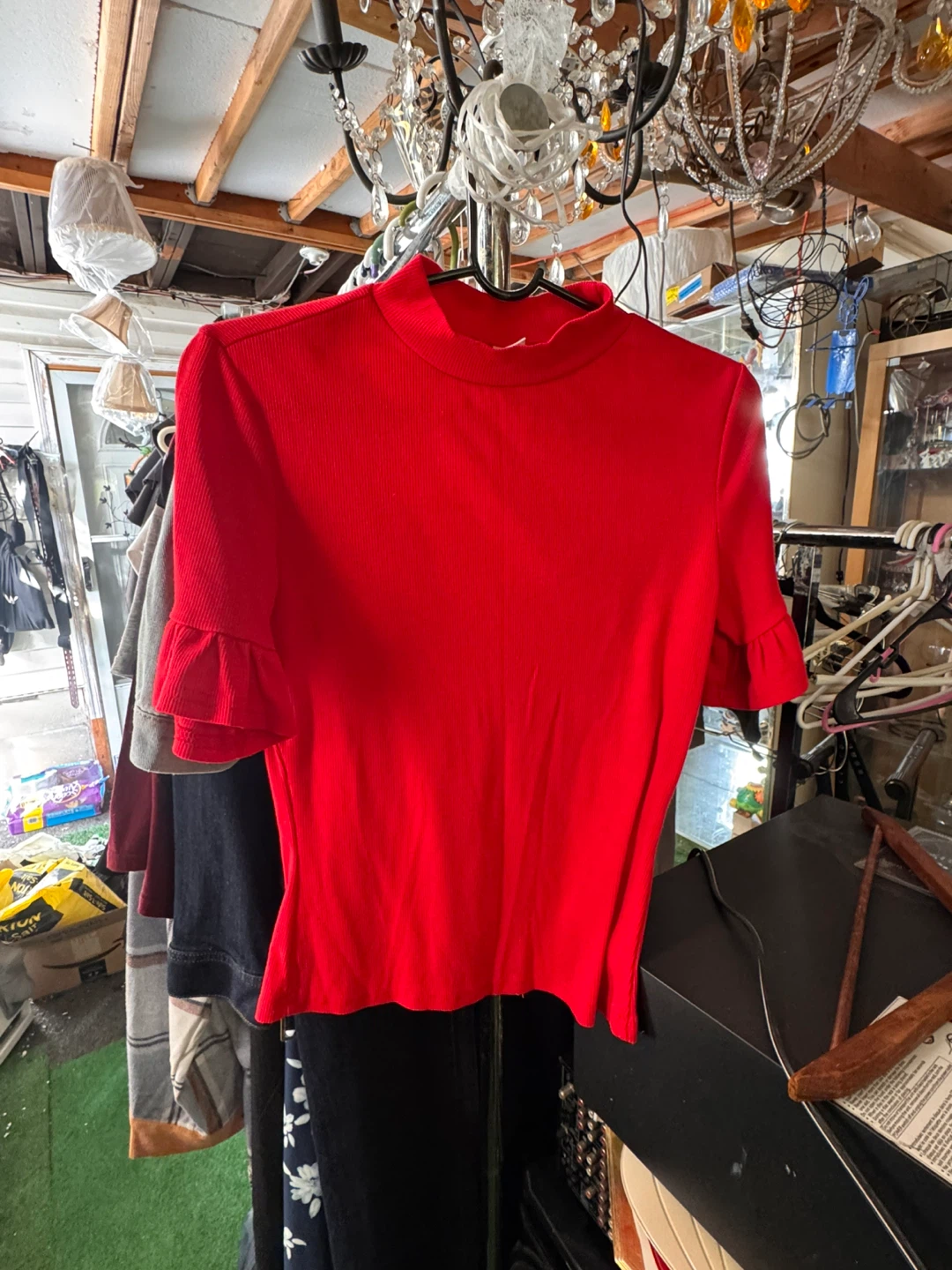 Red Ribbed Mock Neck Flutter Sleeve Top - Size S